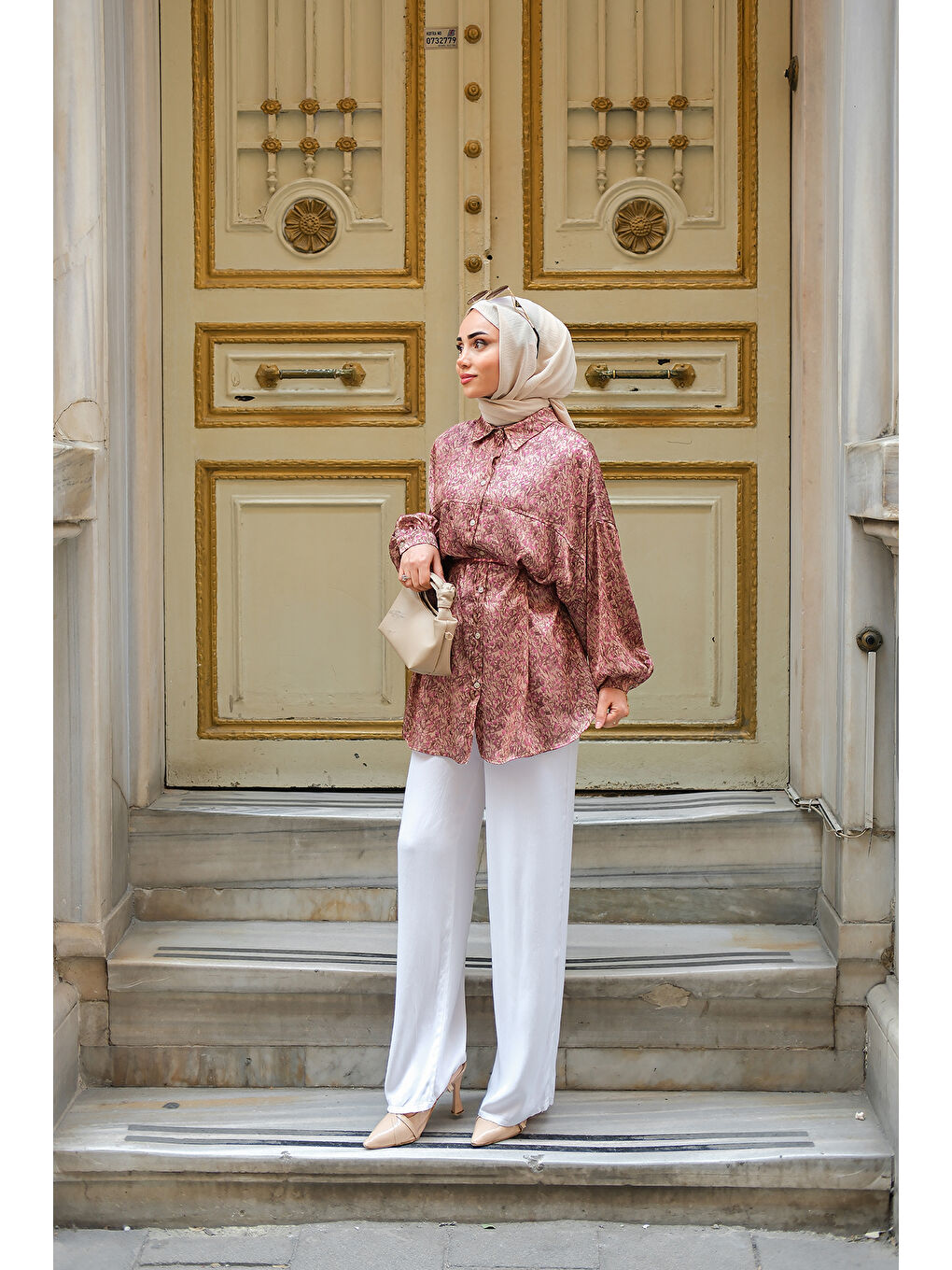 Bej Kadın Bel Bağlamalı Desenli Gömlek Vizon-1