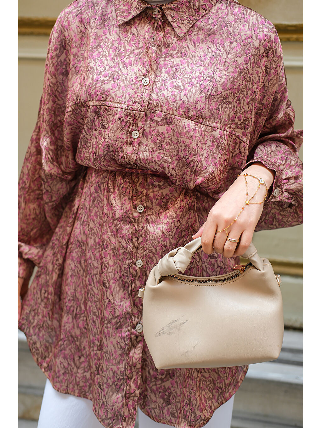 Bej Kadın Bel Bağlamalı Desenli Gömlek Vizon-3