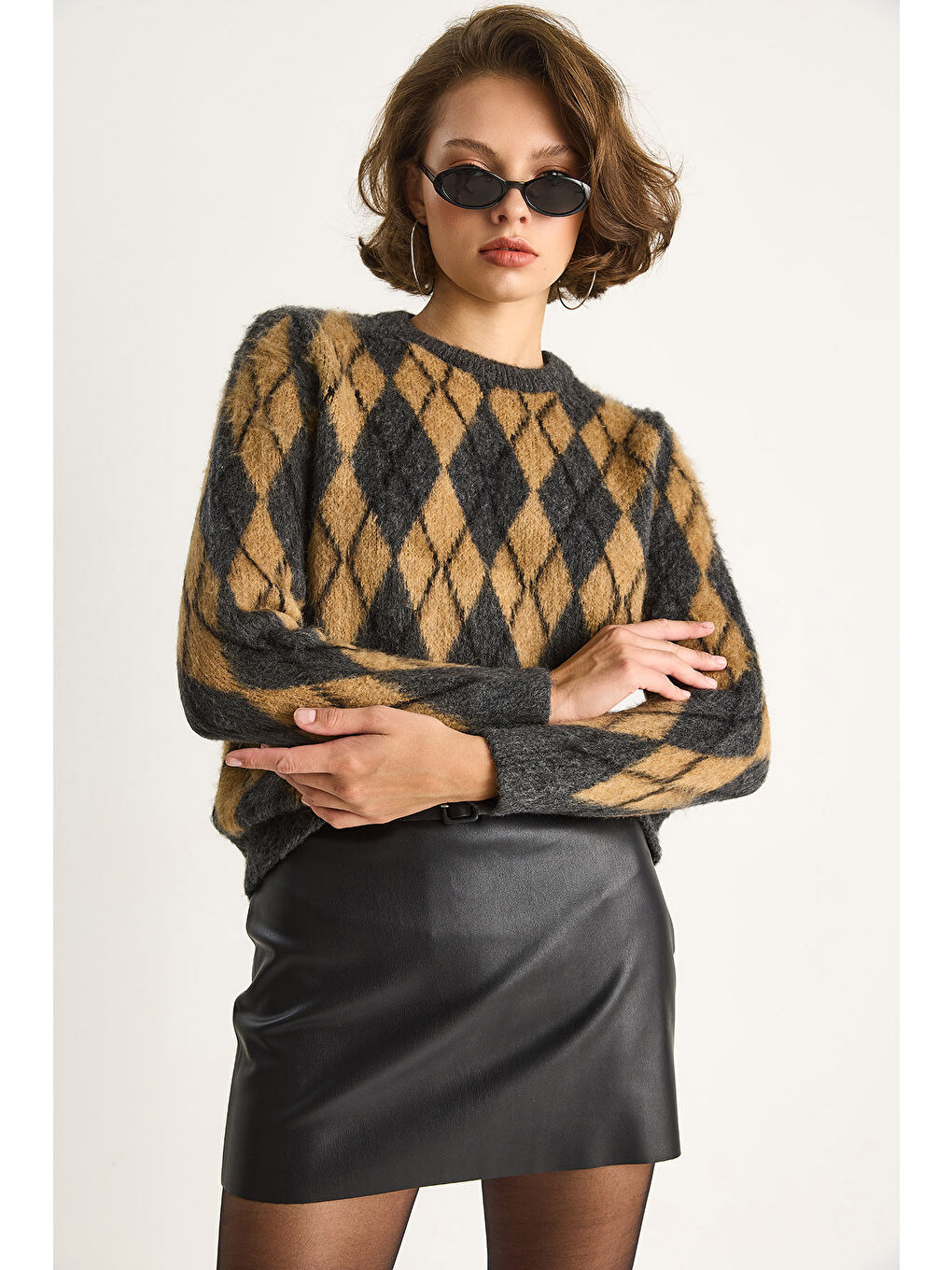 Antrasit Kadın Baklava Desenli Şardonlu Triko Kazak-1