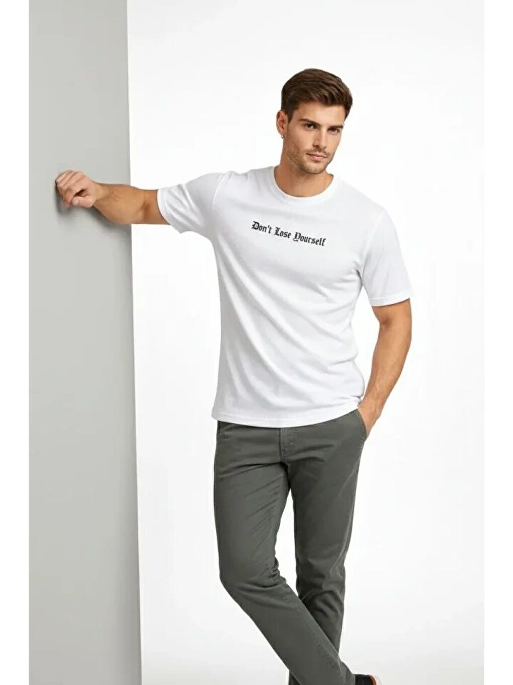 Beyaz Erkek Wafıl Kumaş Tişört-1