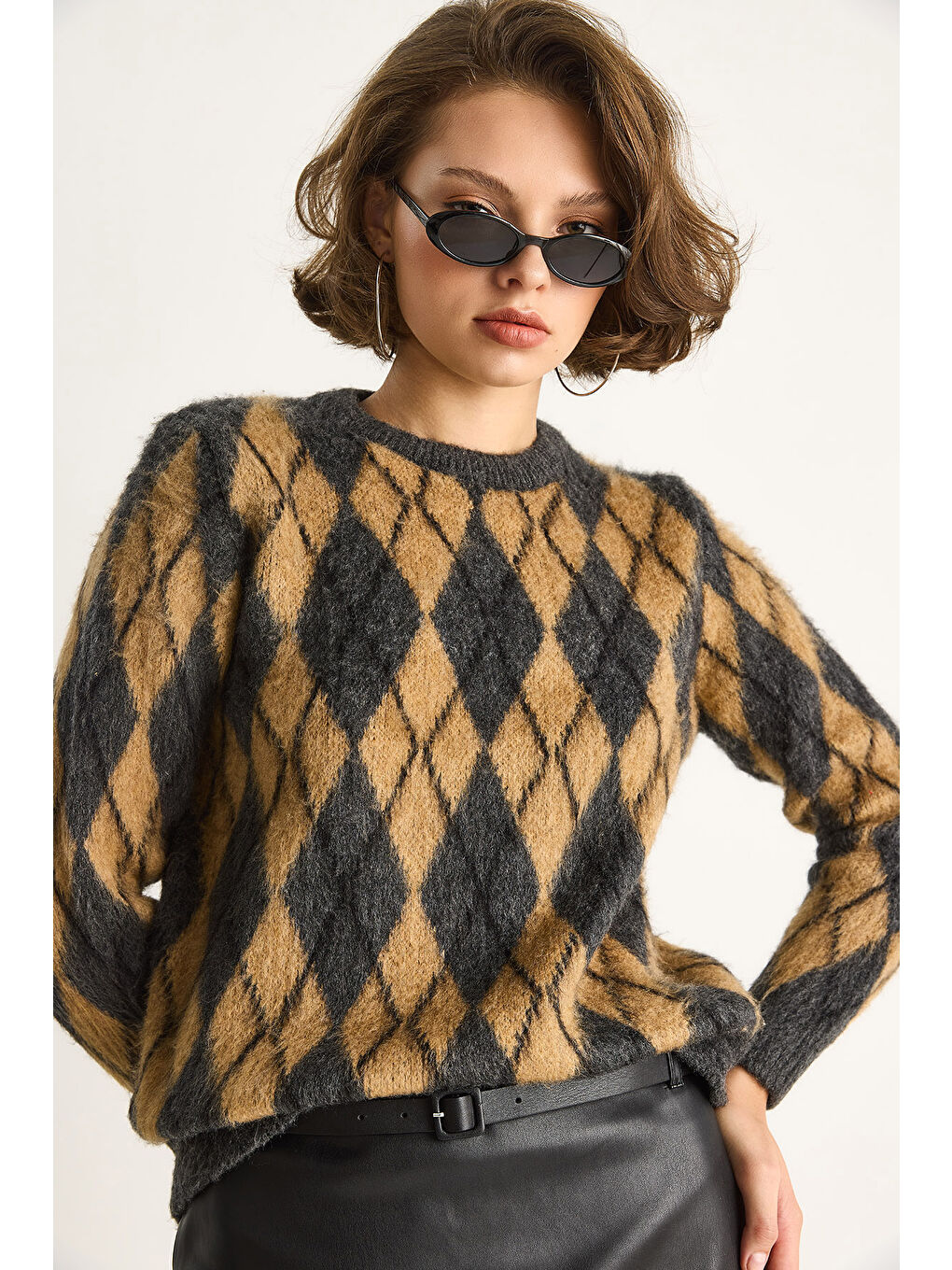 Antrasit Kadın Baklava Desenli Şardonlu Triko Kazak-2