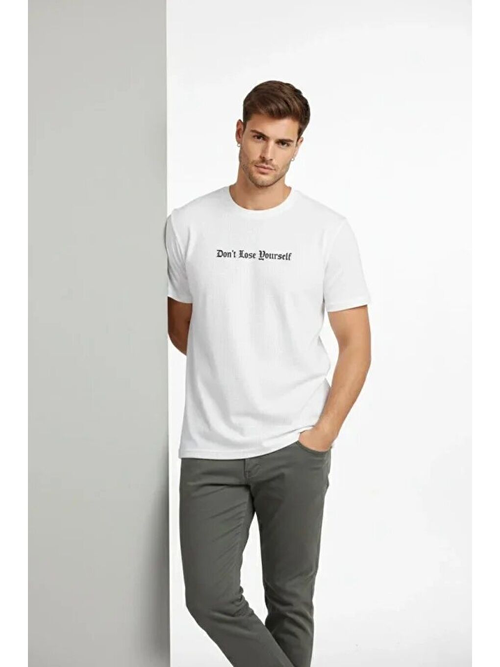 Beyaz Erkek Wafıl Kumaş Tişört-2