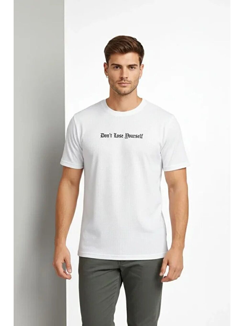 Beyaz Erkek Wafıl Kumaş Tişört-3