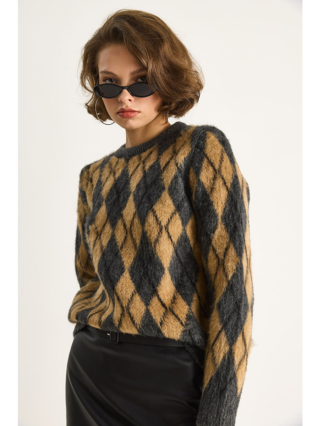 Antrasit Kadın Baklava Desenli Şardonlu Triko Kazak-3