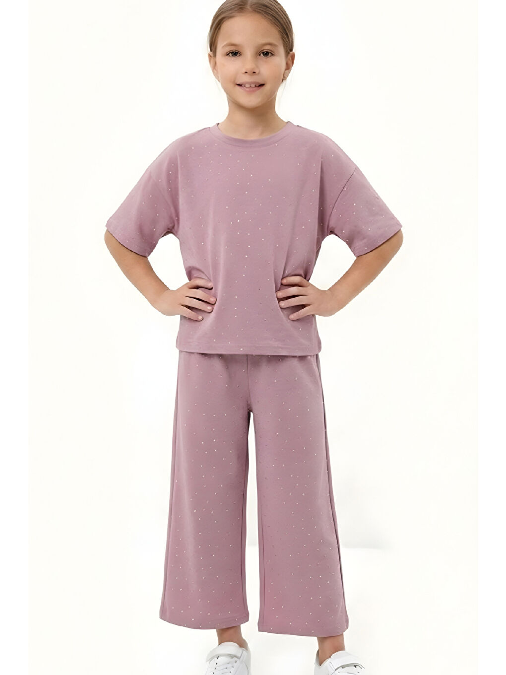 Pembe Kız Çocuk Taş Süslemeli Uzun Kaprili Alt-Üst Takım 4-12 Yaş 12566