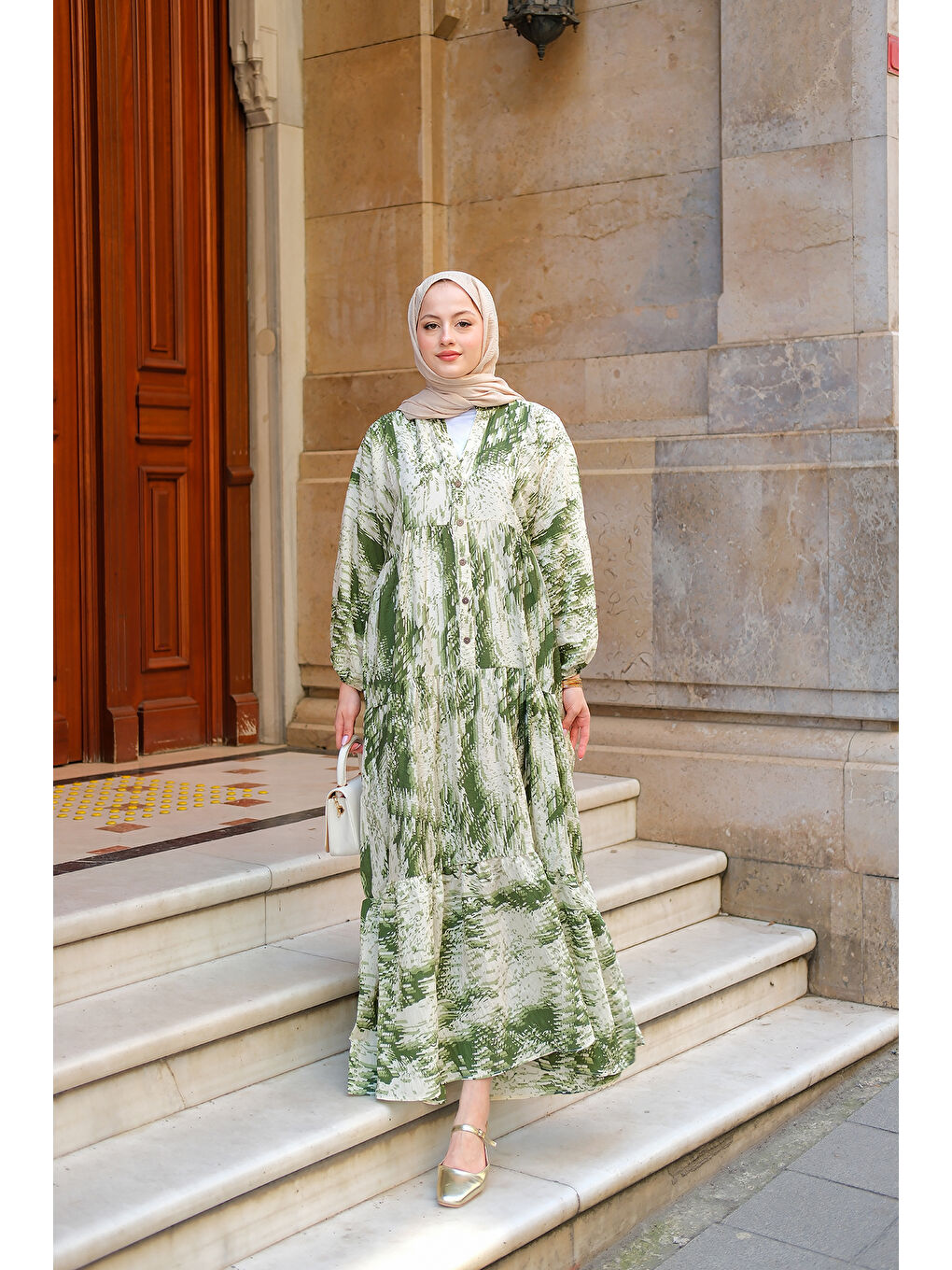 Kadın Fırça Desenli Elbise Yeşil