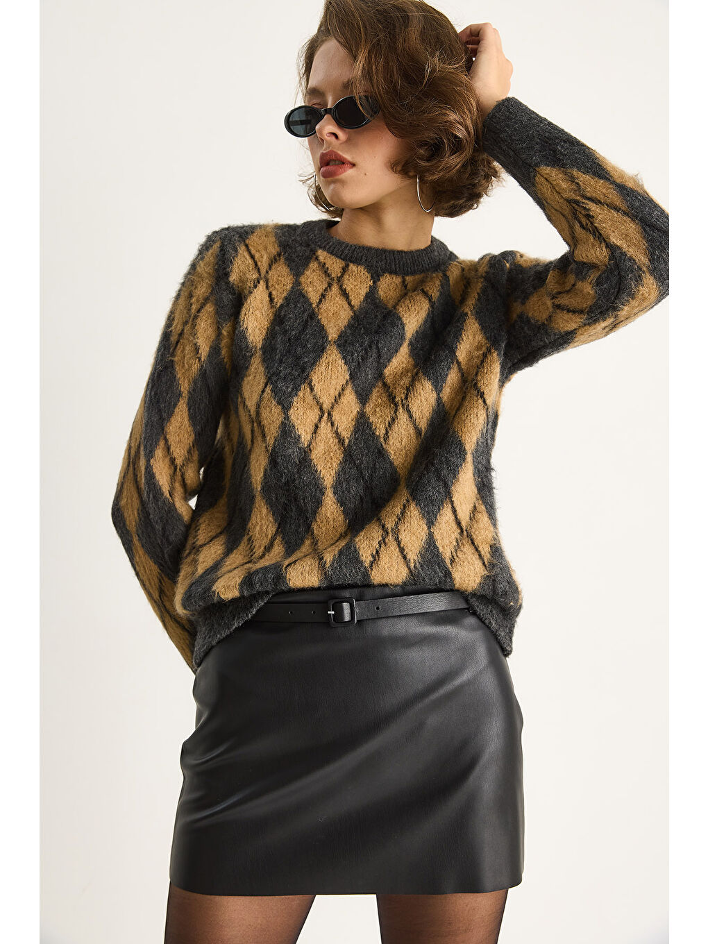 Antrasit Kadın Baklava Desenli Şardonlu Triko Kazak-4