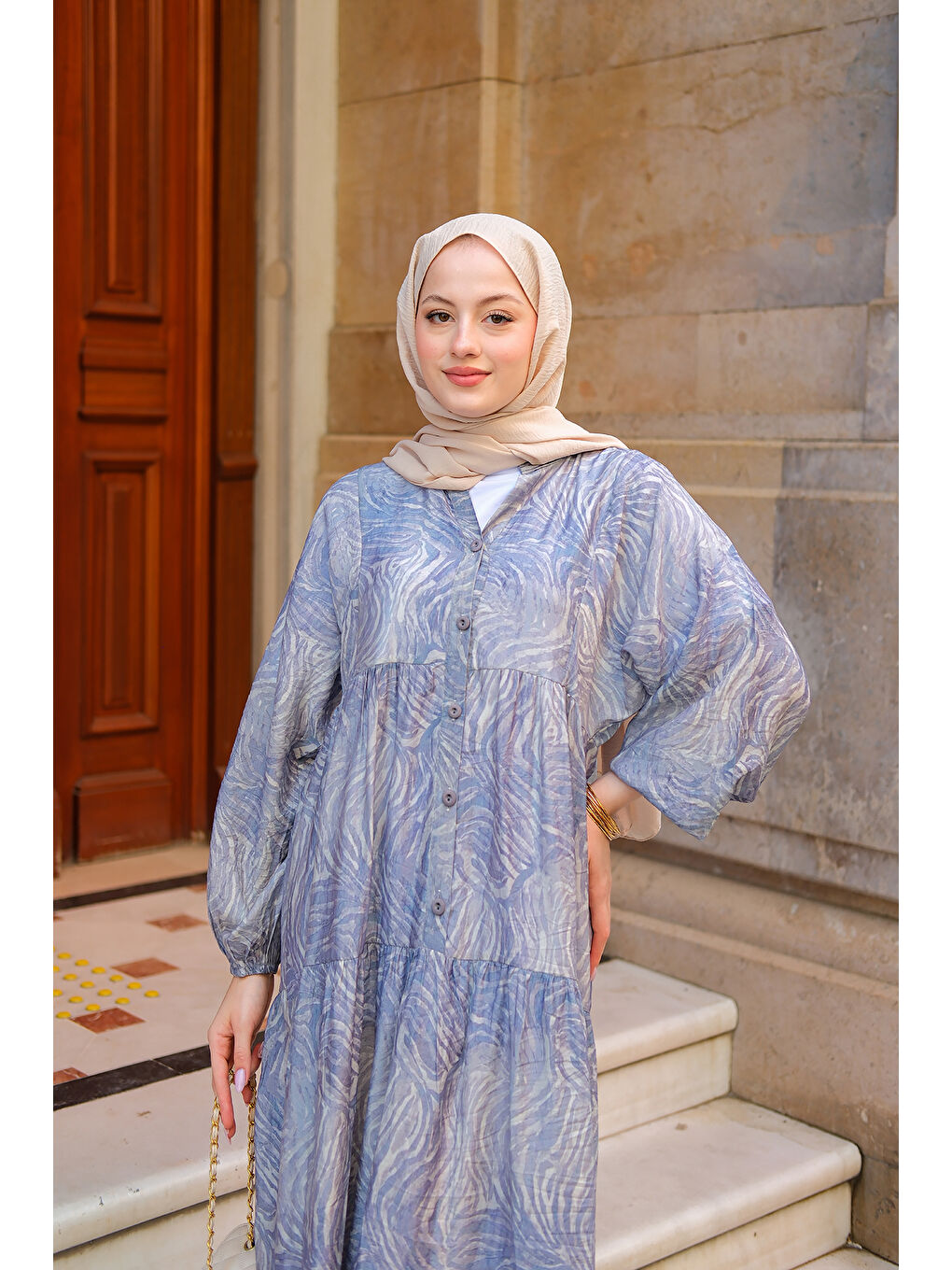 Kadın Zebra Desen Elbise  Mavi-1