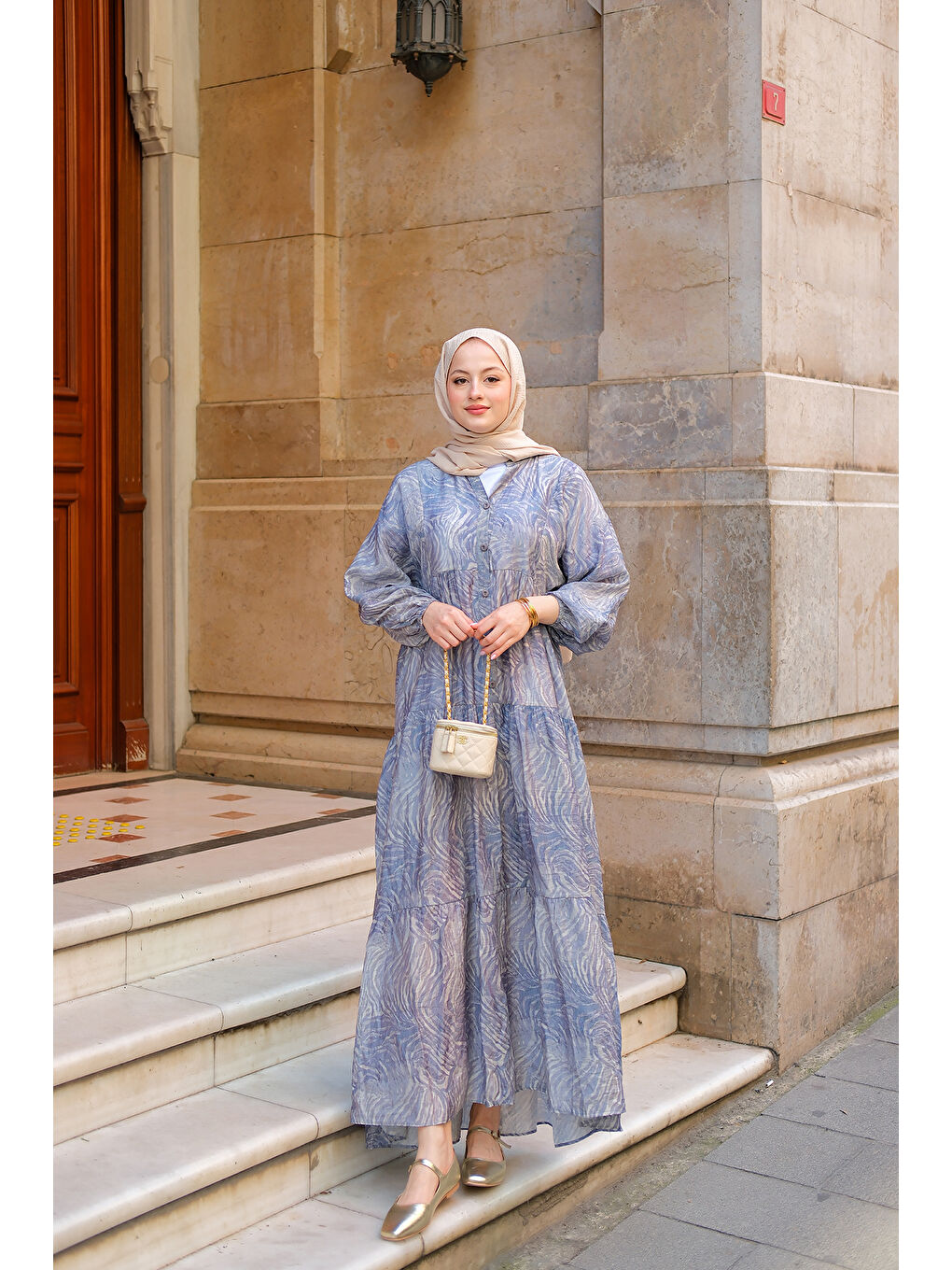 Kadın Zebra Desen Elbise  Mavi-2