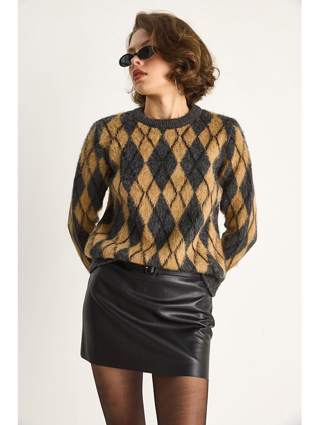 Antrasit Kadın Baklava Desenli Şardonlu Triko Kazak-5