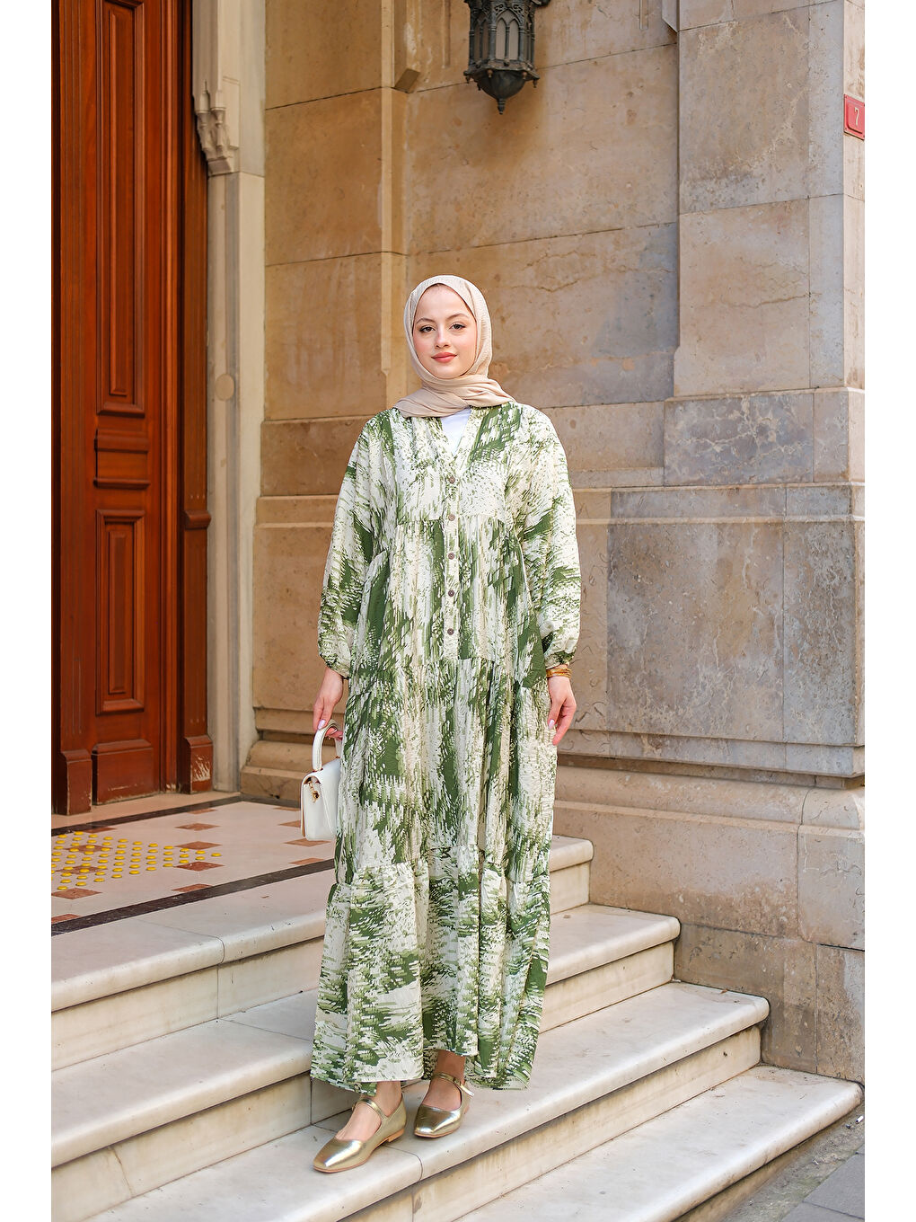 Kadın Fırça Desenli Elbise Yeşil-2