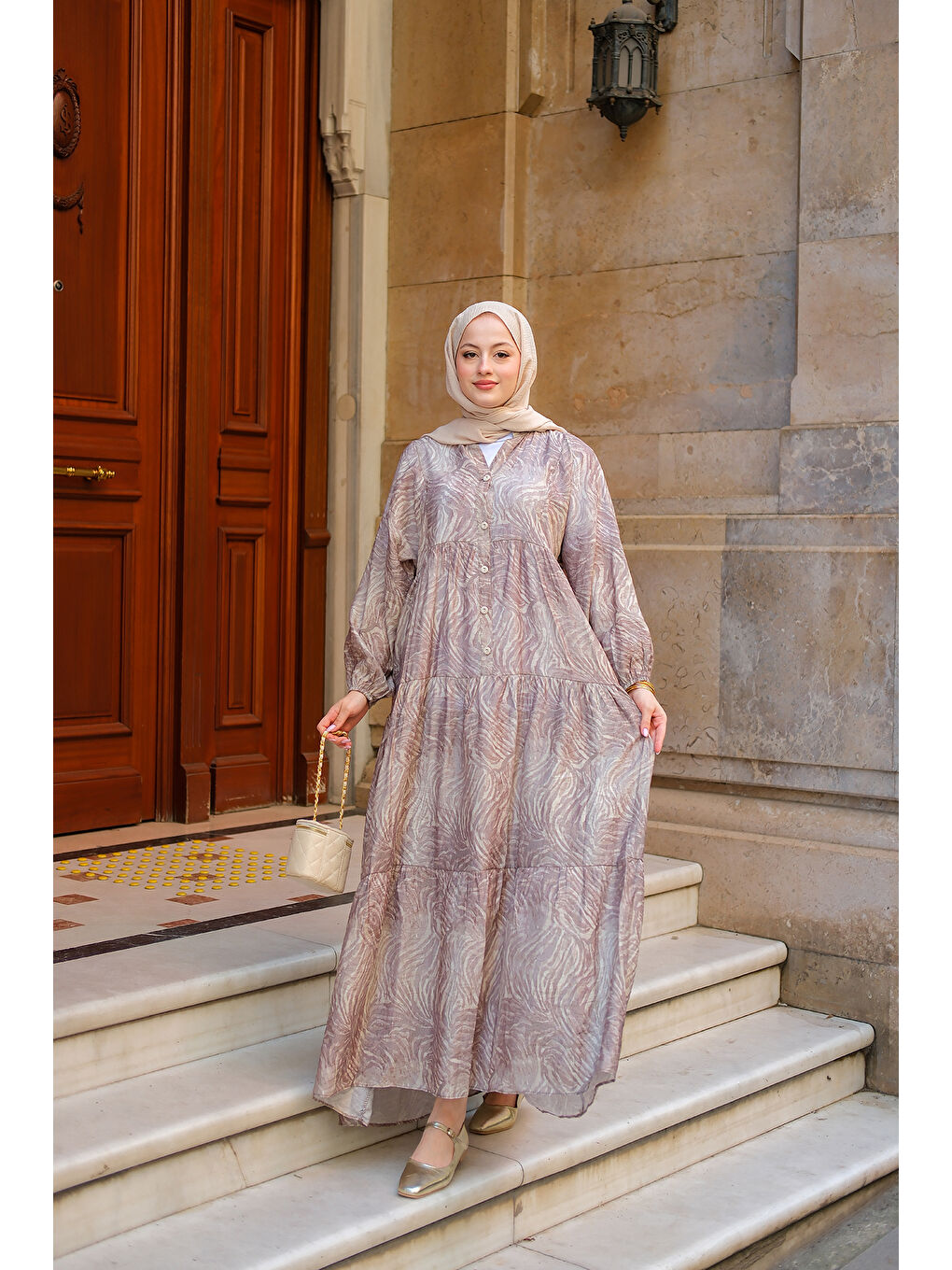 Bej Kadın Zebra Desen Elbise  Vizon