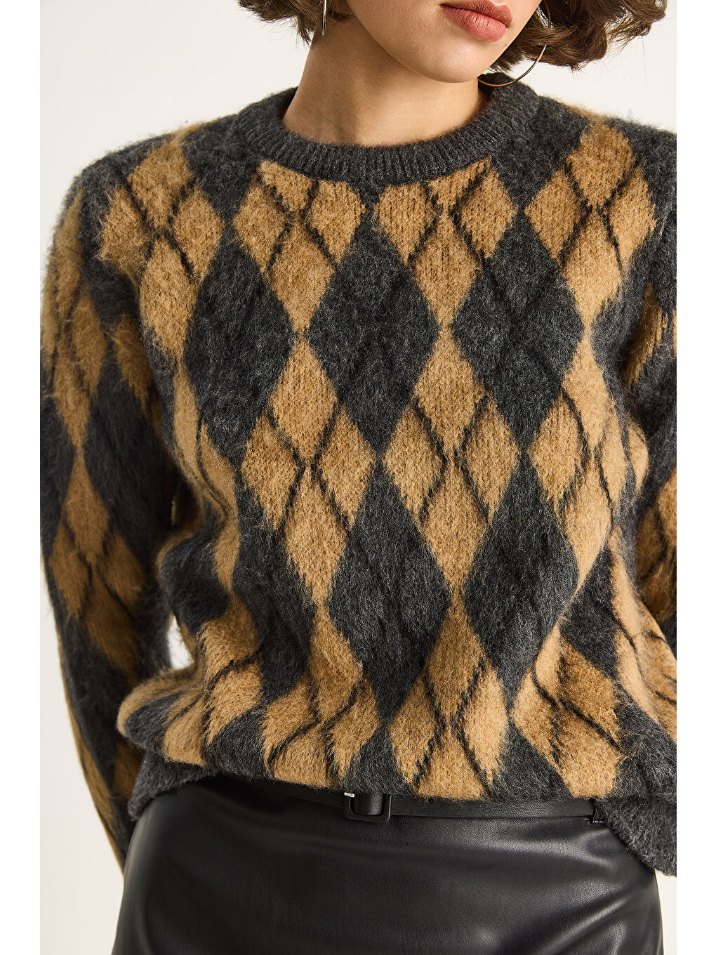 Antrasit Kadın Baklava Desenli Şardonlu Triko Kazak-6