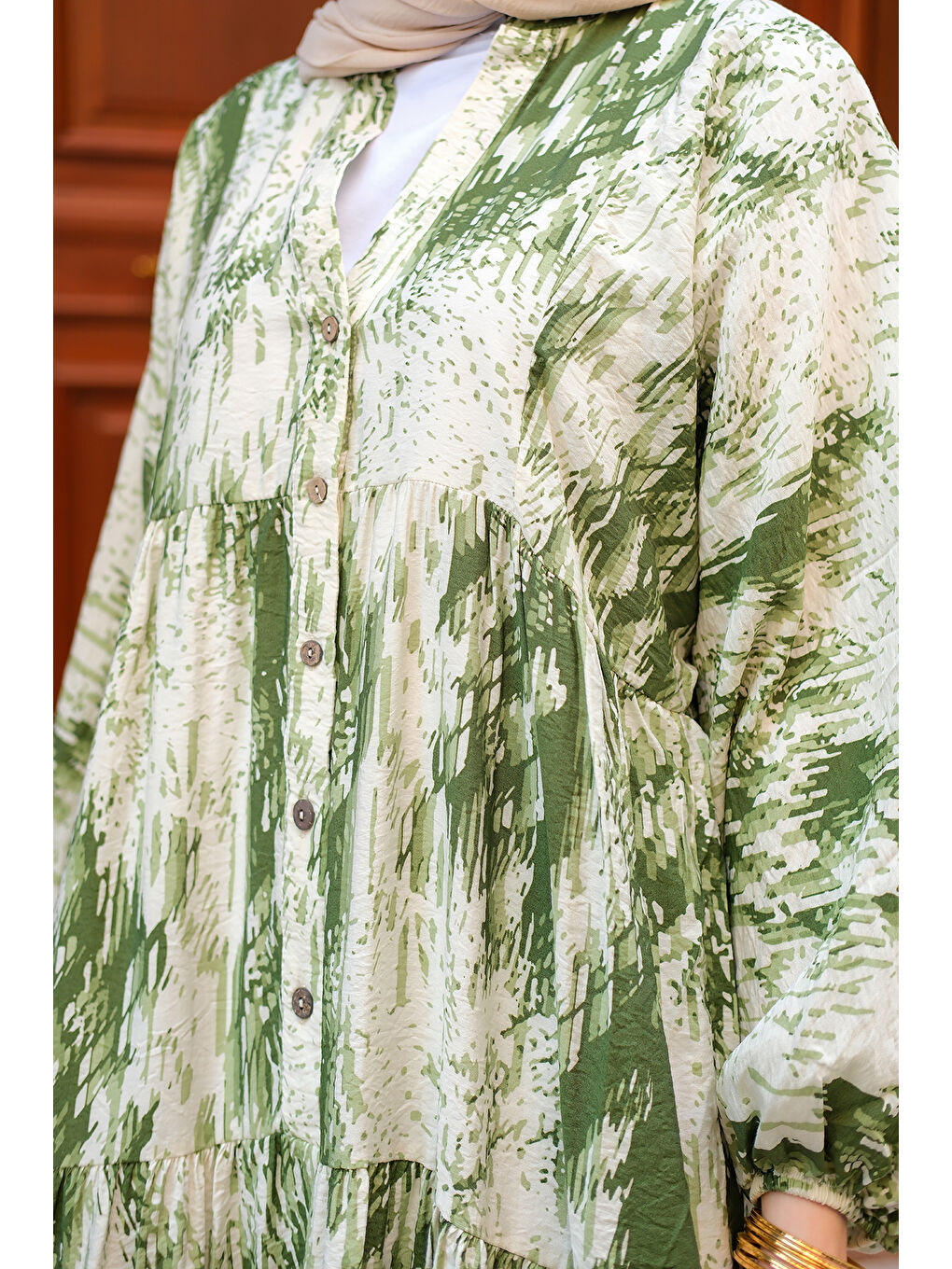 Kadın Fırça Desenli Elbise Yeşil-3