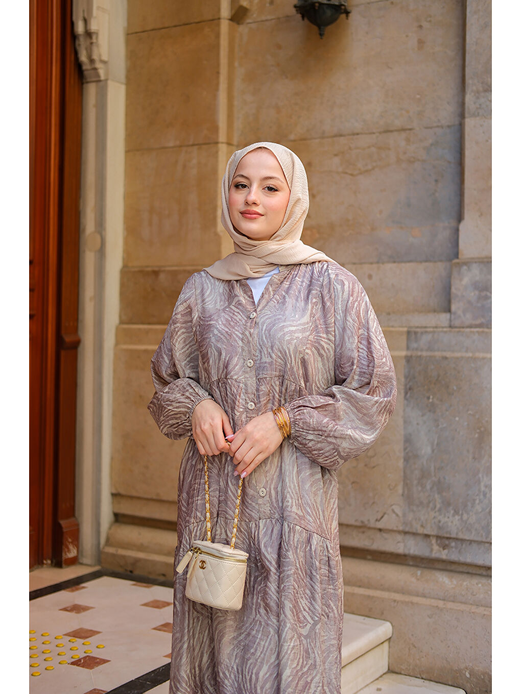 Bej Kadın Zebra Desen Elbise  Vizon-1