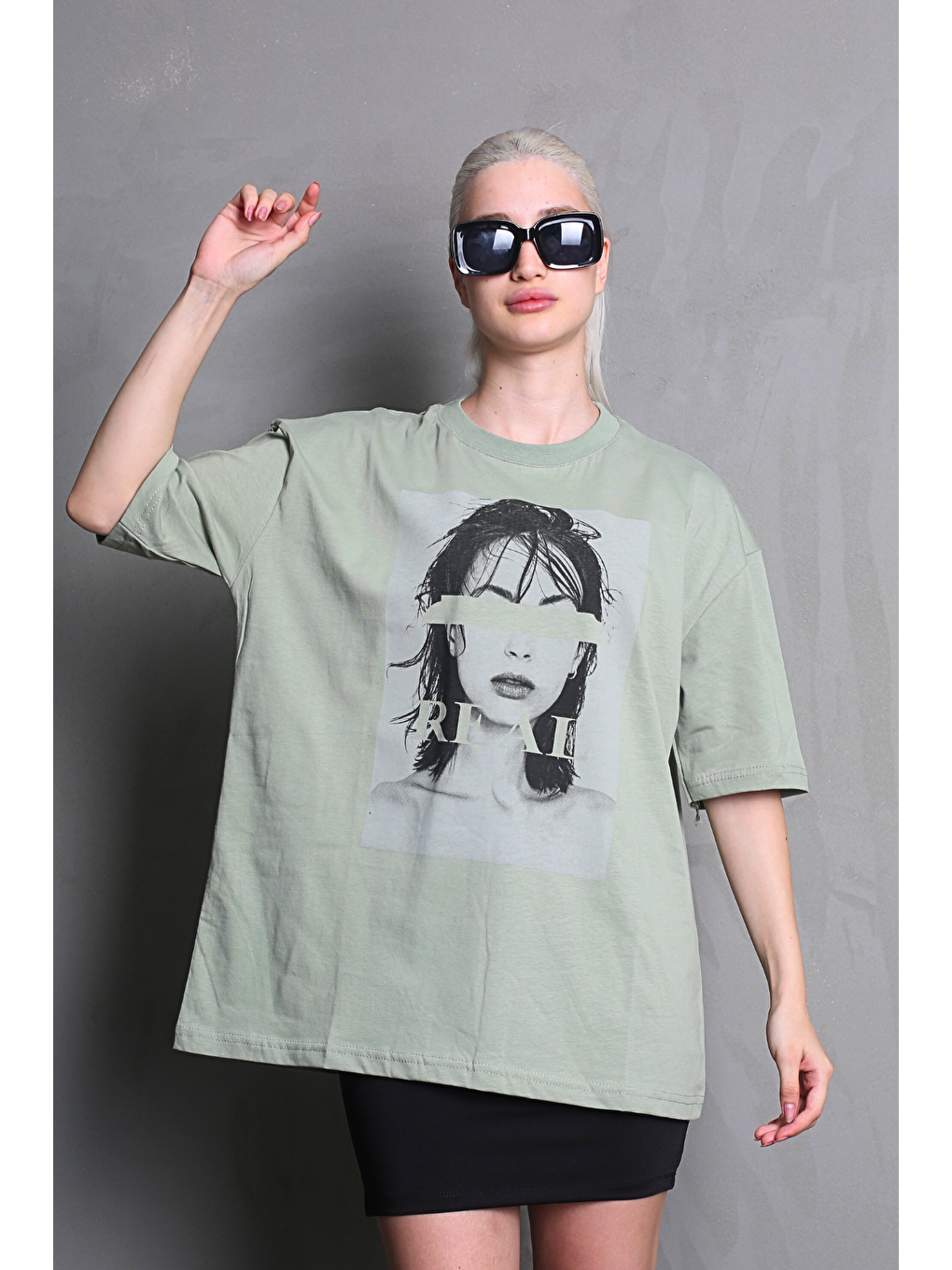 Çağla Yeşili Oversize Baskılı Kadın Tişört Mg1764