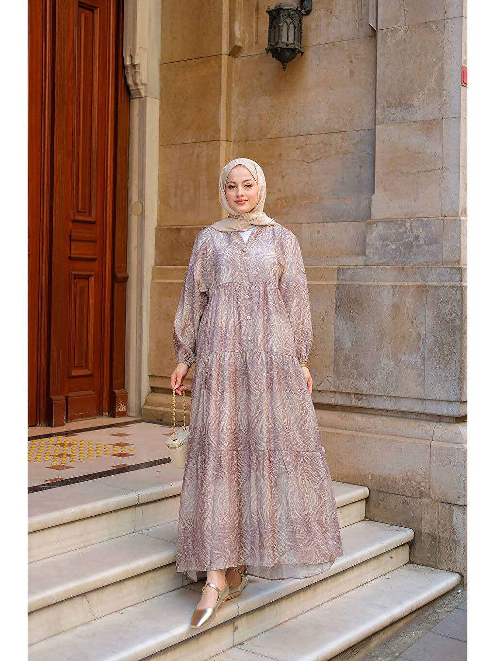 Bej Kadın Zebra Desen Elbise  Vizon-2