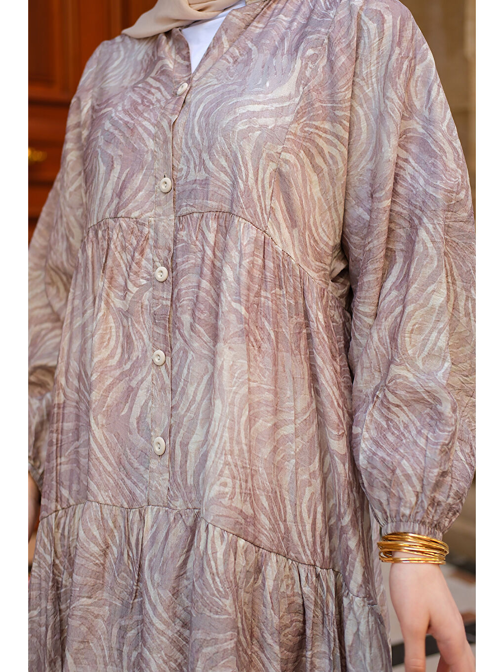 Bej Kadın Zebra Desen Elbise  Vizon-3