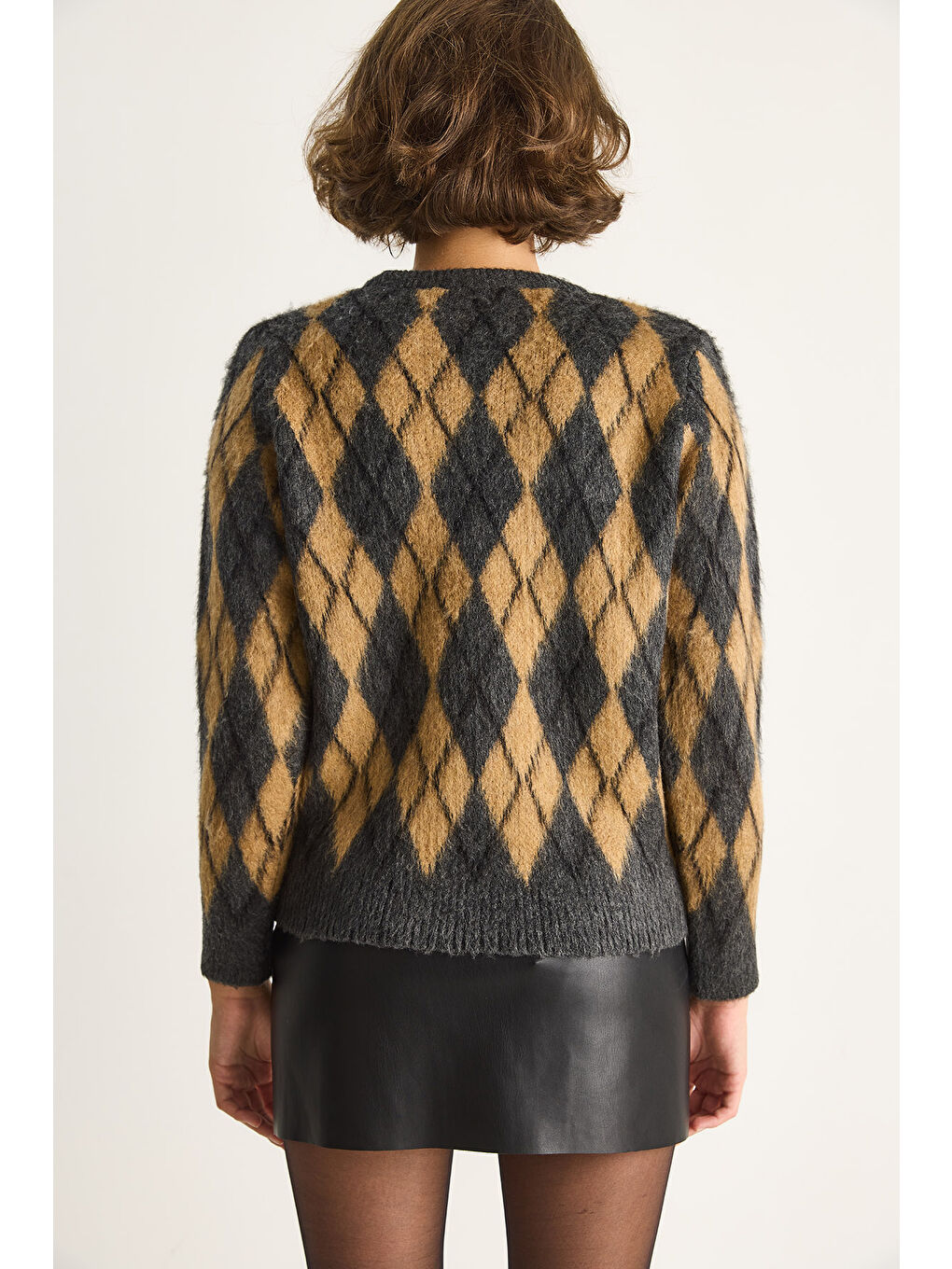 Antrasit Kadın Baklava Desenli Şardonlu Triko Kazak-7