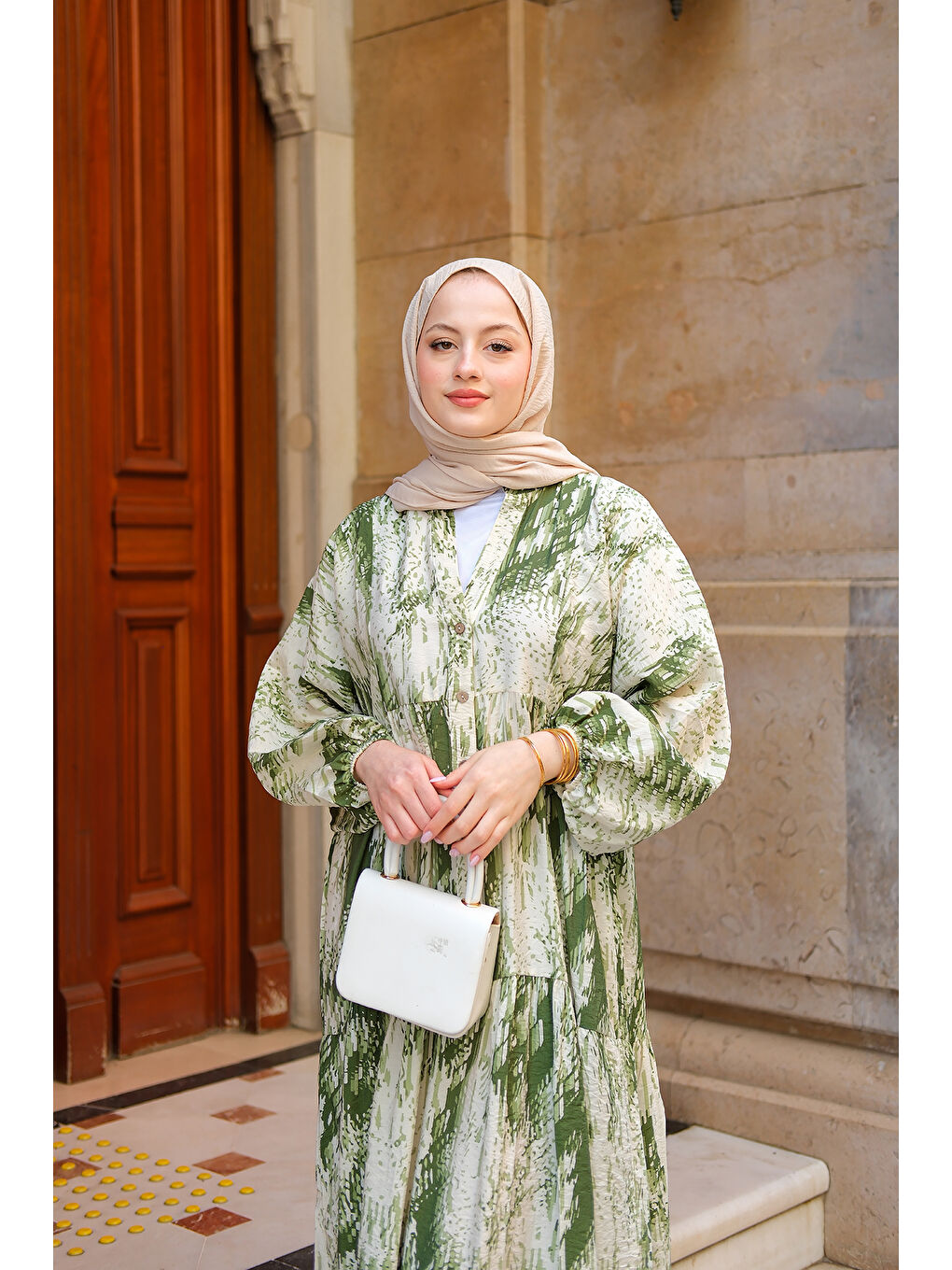 Kadın Fırça Desenli Elbise Yeşil-4