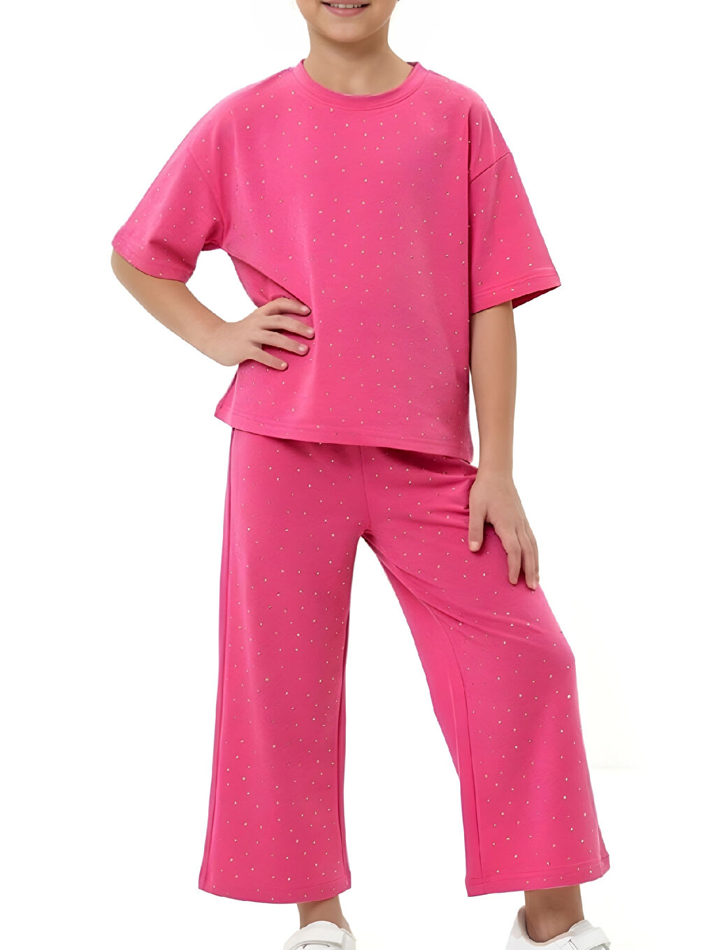 Fuşya Kız Çocuk Taş Süslemeli Uzun Kaprili Alt-Üst Takım 4-12 Yaş 12566