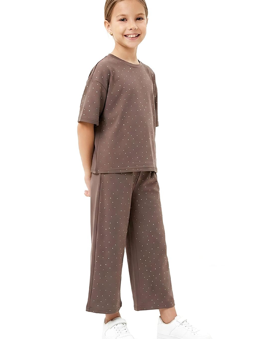 Kahverengi Kız Çocuk Taş Süslemeli Uzun Kaprili Alt-Üst Takım 4-12 Yaş 12566