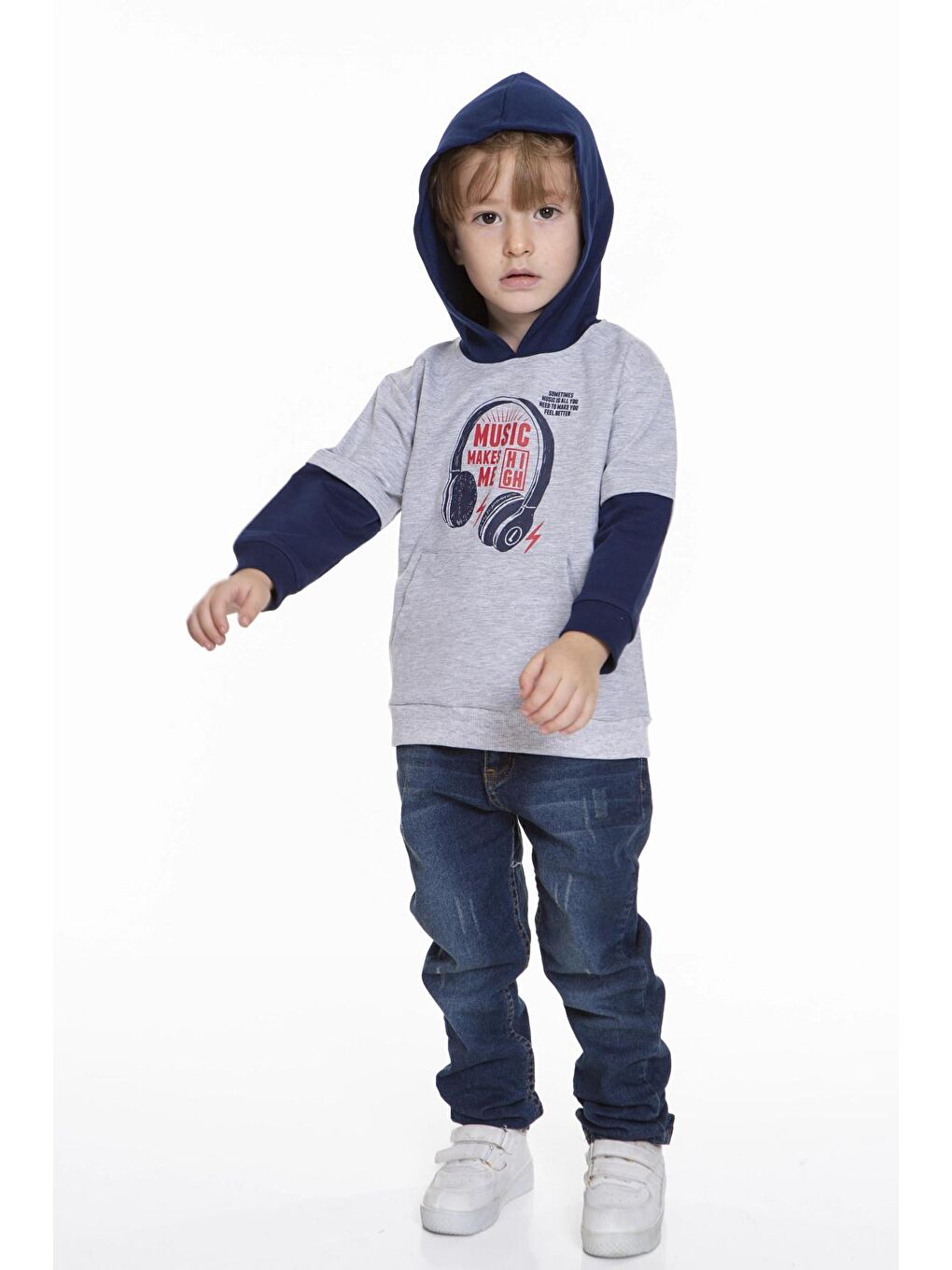 Myhanne Lacivert Kulaklık Baskılı Kapüşonlu Erkek Bebek Hoodie 54265 - 2