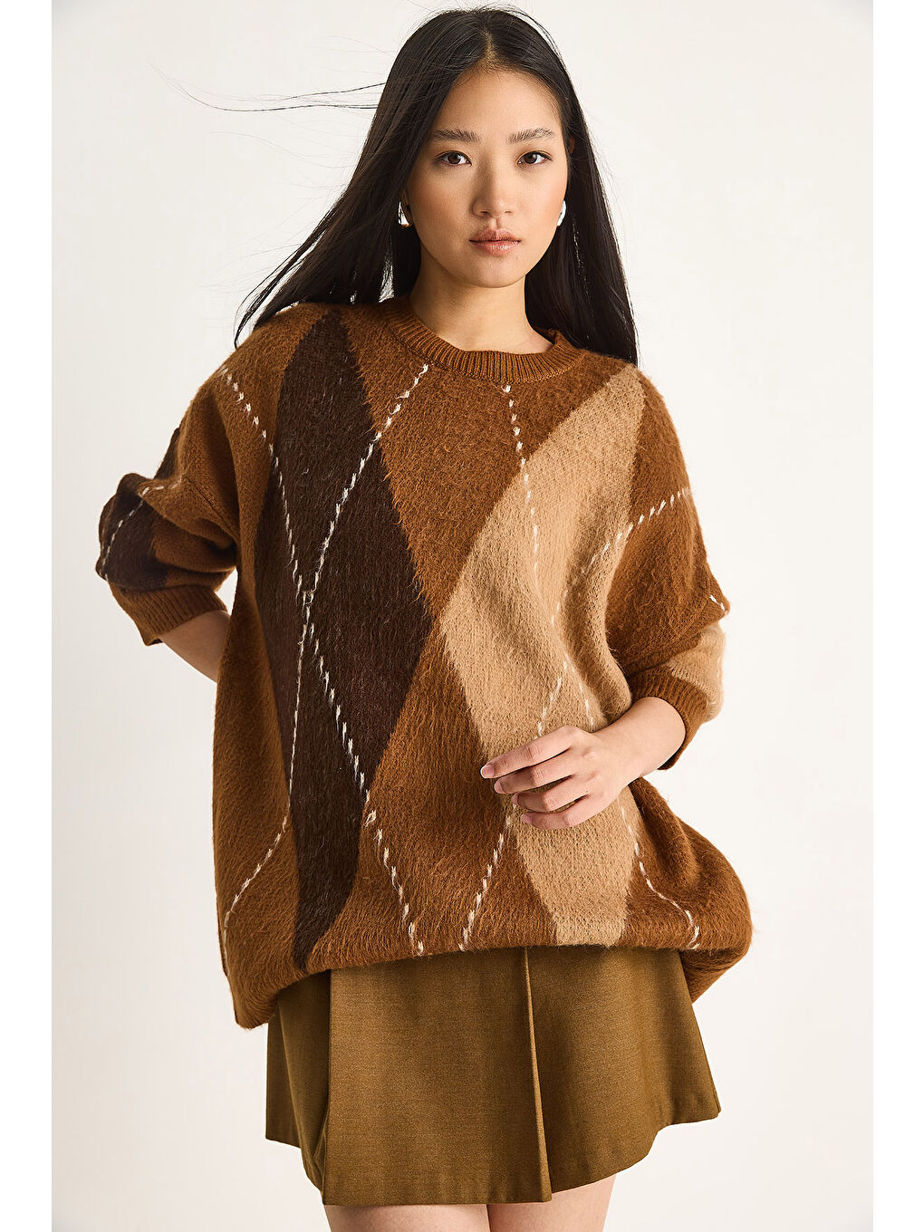 Kahverengi Kadın Baklava Desenli Oversize Triko Kazak-2