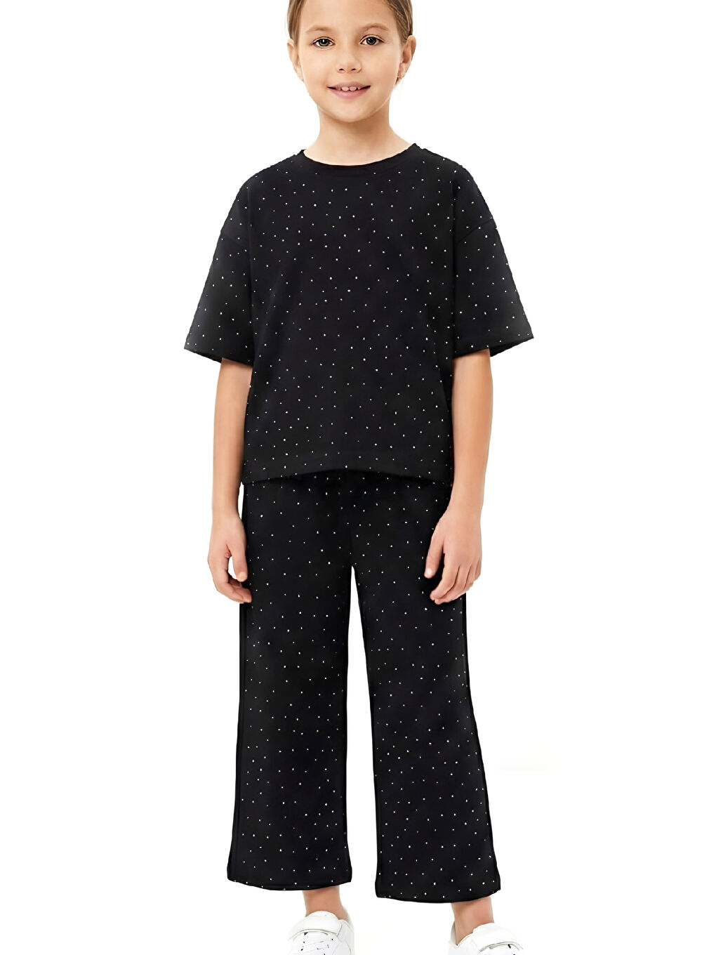 Siyah Kız Çocuk Taş Süslemeli Uzun Kaprili Alt-Üst Takım 4-12 Yaş 12566