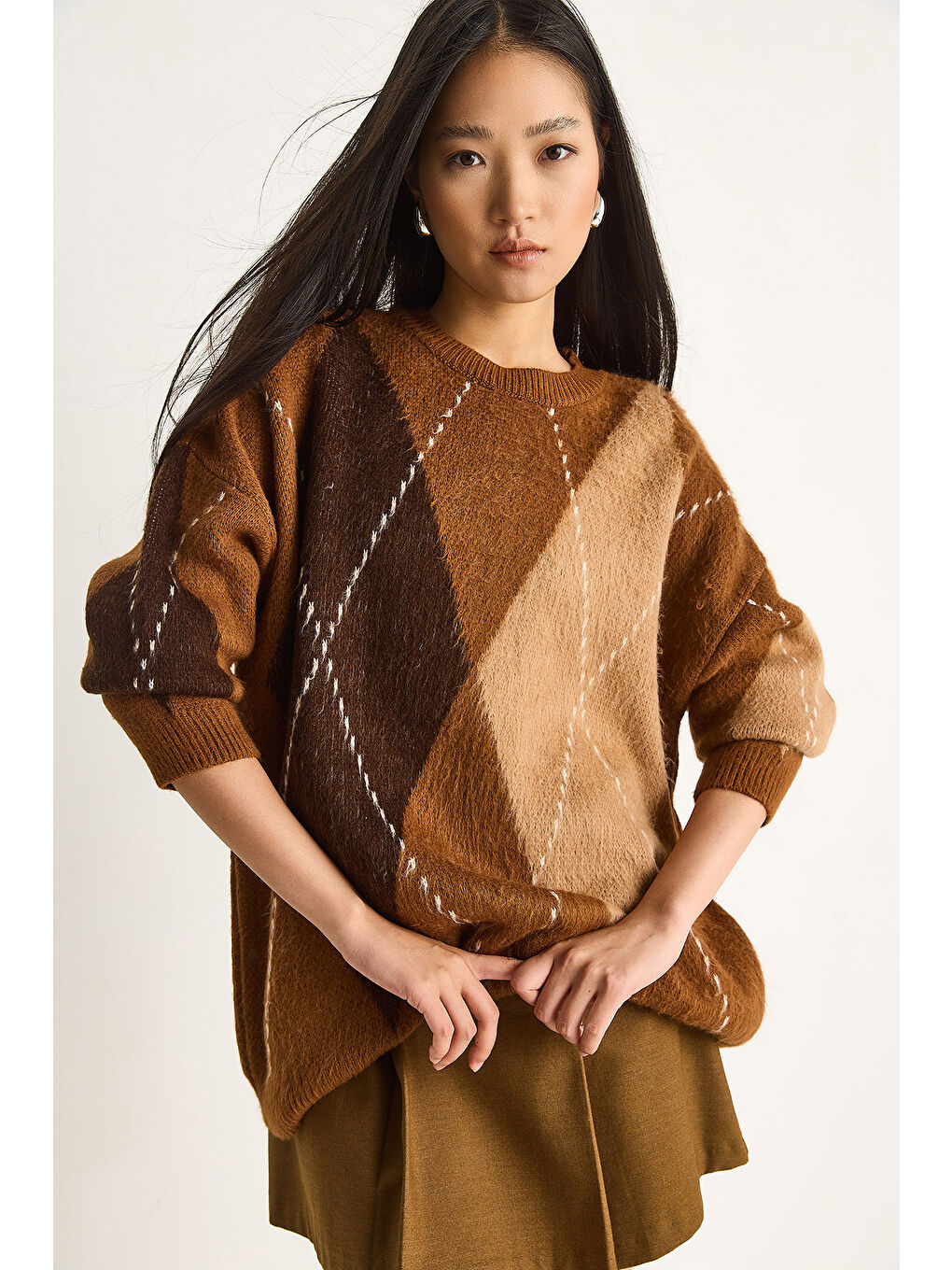 Kahverengi Kadın Baklava Desenli Oversize Triko Kazak-3