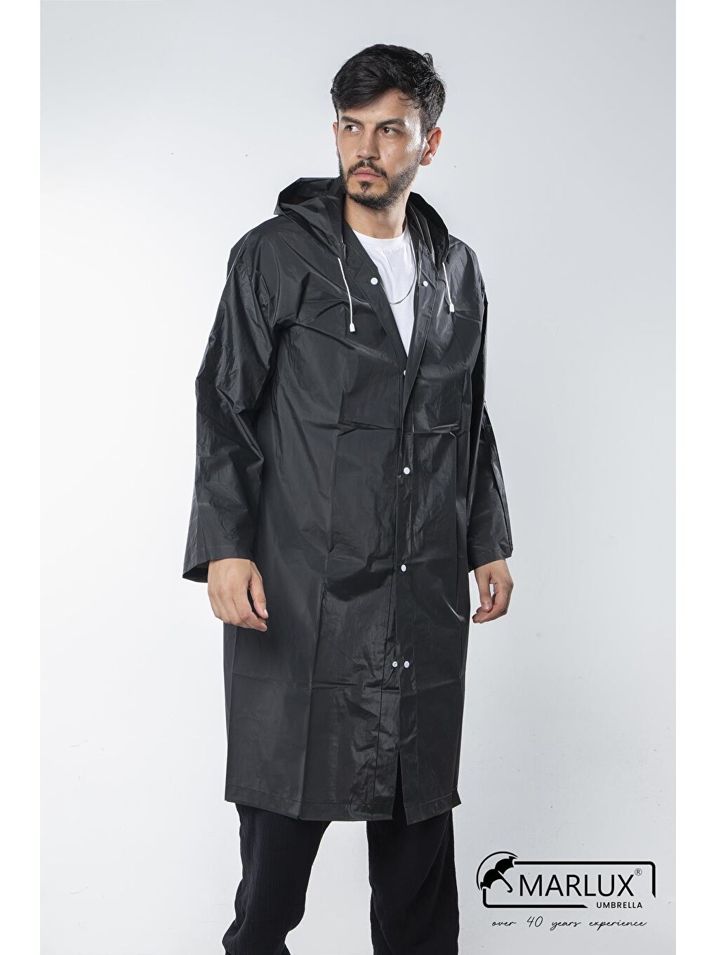 Kadın Erkek Yağmurluk Kapüşonlu Çıtçıtlı Eva Siyah Yağmurluk M21MRC881R03-1