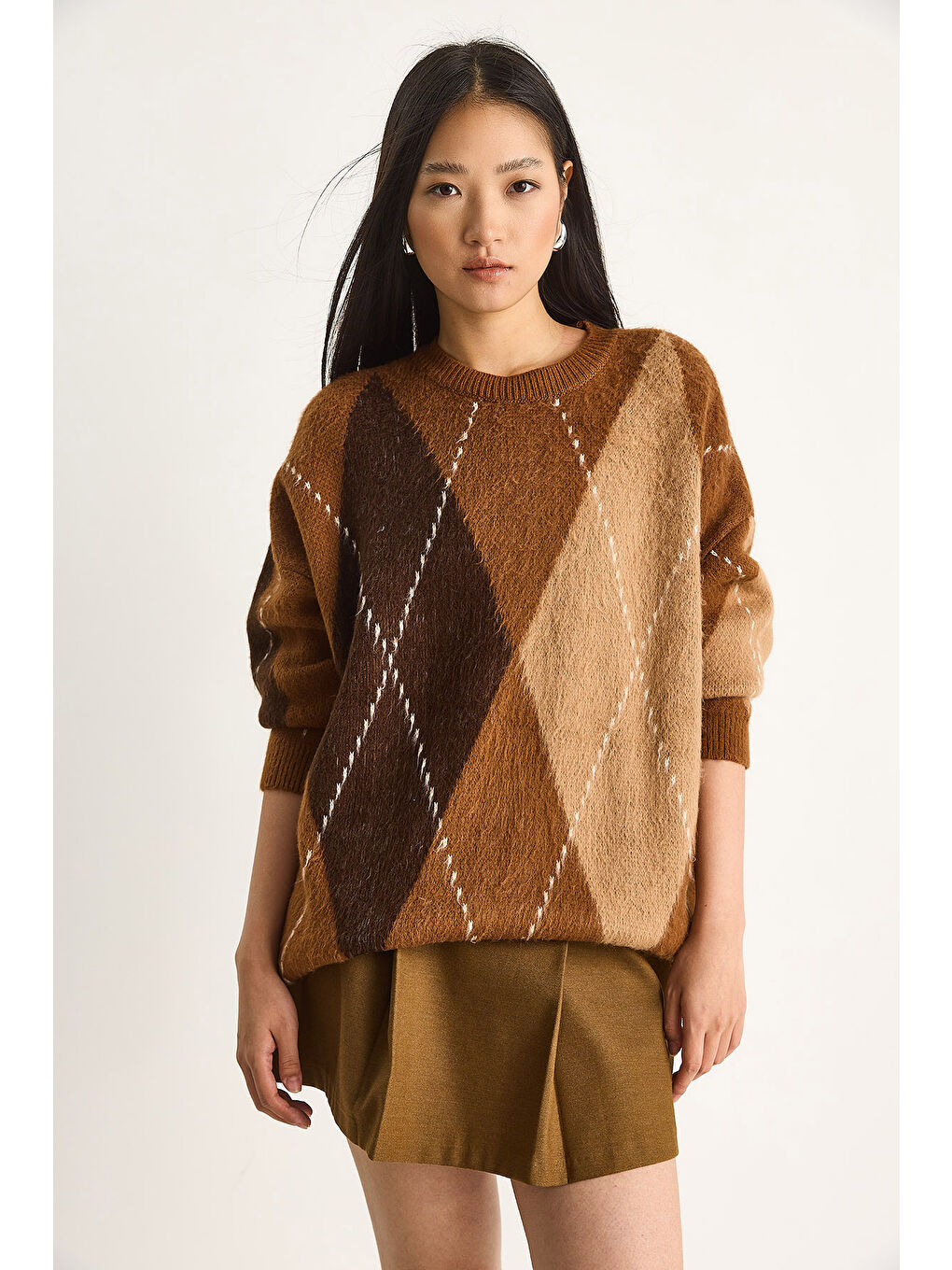 Kahverengi Kadın Baklava Desenli Oversize Triko Kazak-4