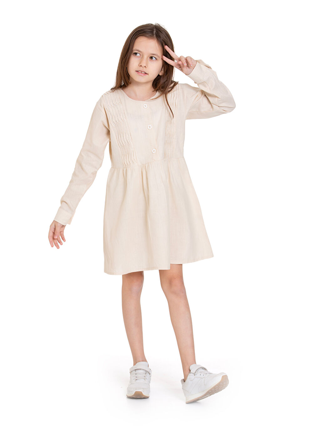 Ekru Kız Çocuk Pile Fırfır Detaylı Elbise P1017-2