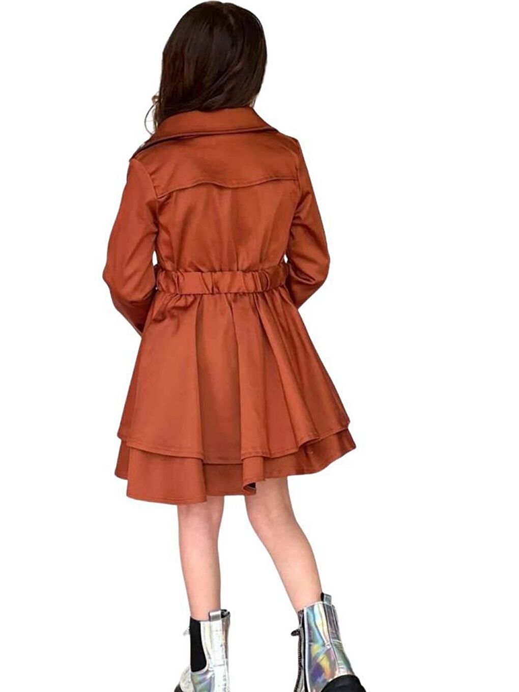 Kahverengi Kız Çocuk Çiçek Desenli Piliseli Kiremit Trençkotlu Elbise-2