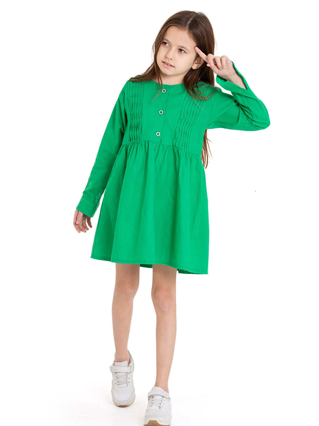 Yeşil Kız Çocuk Pile Fırfır Detaylı Elbise P1017