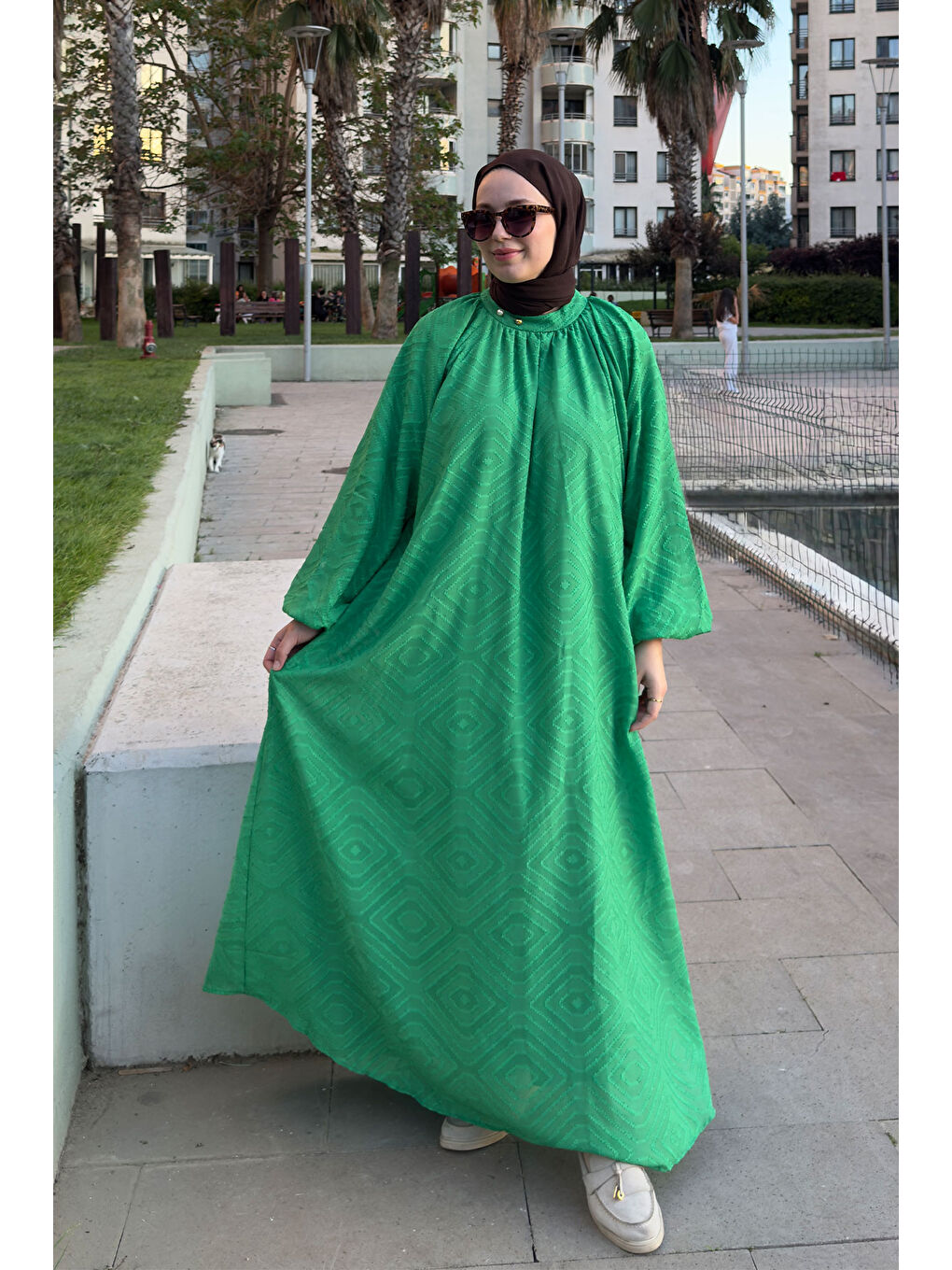 Kadın Kendinden Desenli Oversize Elbise Yeşil