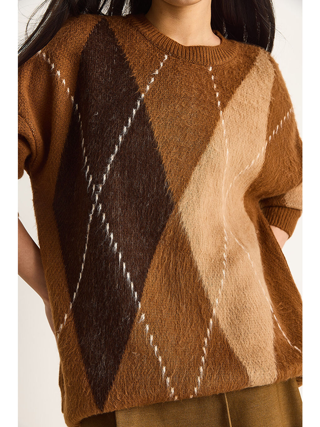 Kahverengi Kadın Baklava Desenli Oversize Triko Kazak-5