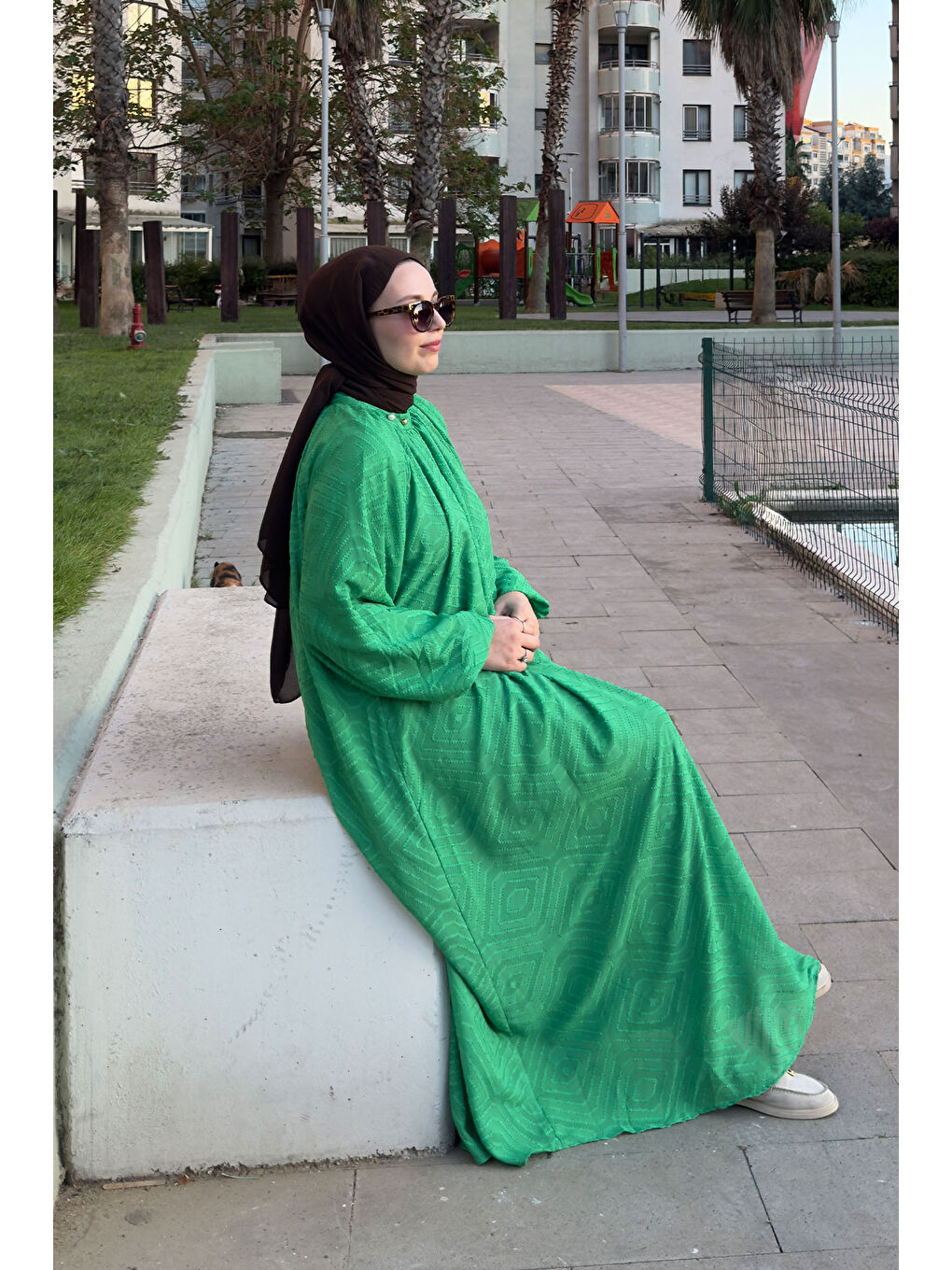 Kadın Kendinden Desenli Oversize Elbise Yeşil-1