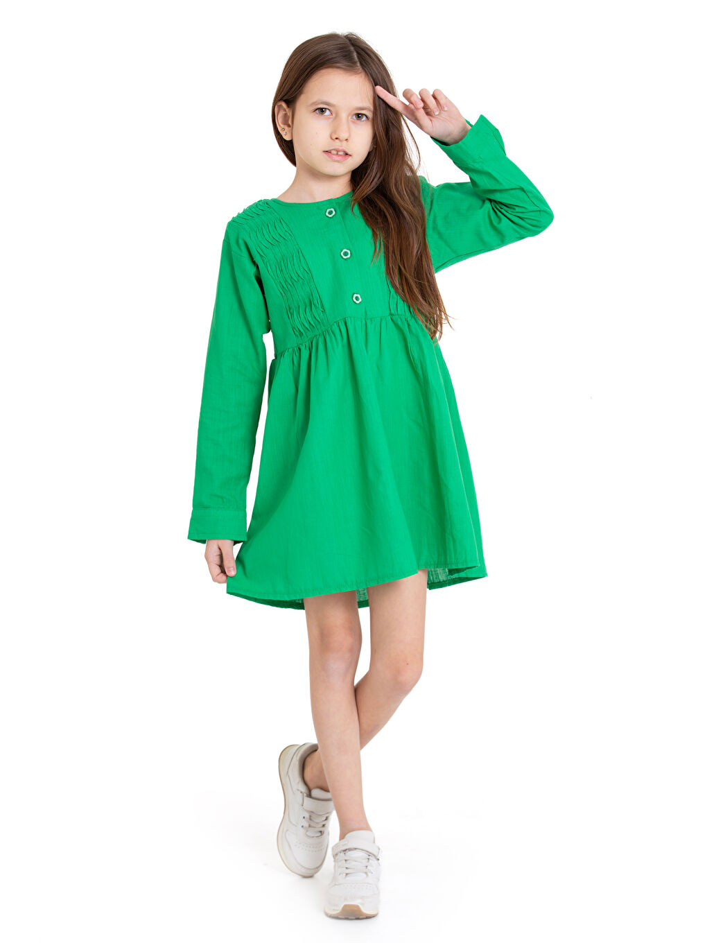 Yeşil Kız Çocuk Pile Fırfır Detaylı Elbise P1017-1