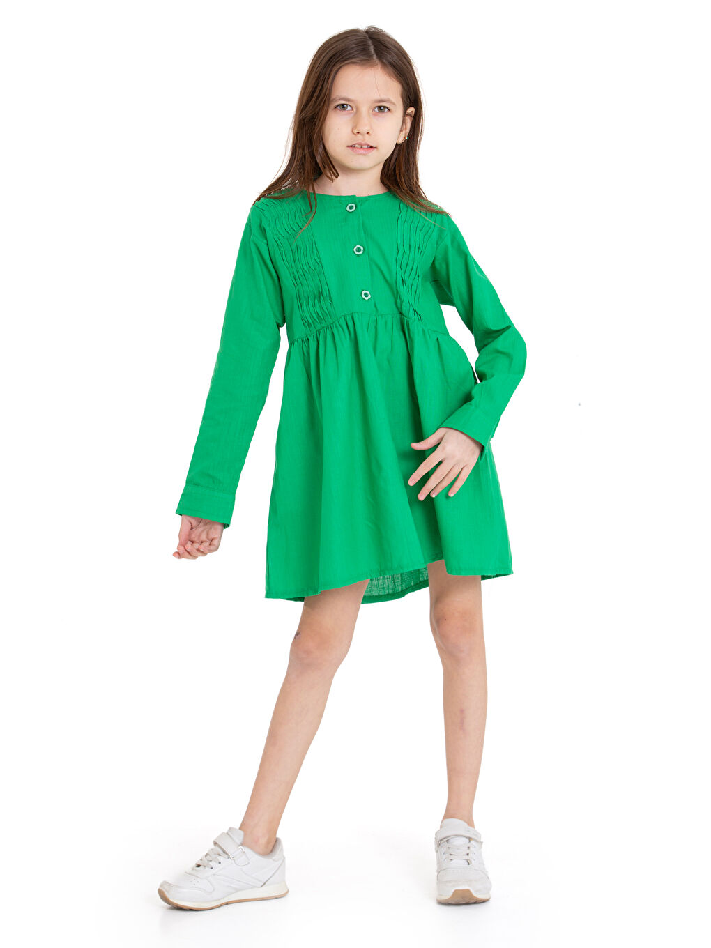 Yeşil Kız Çocuk Pile Fırfır Detaylı Elbise P1017-2