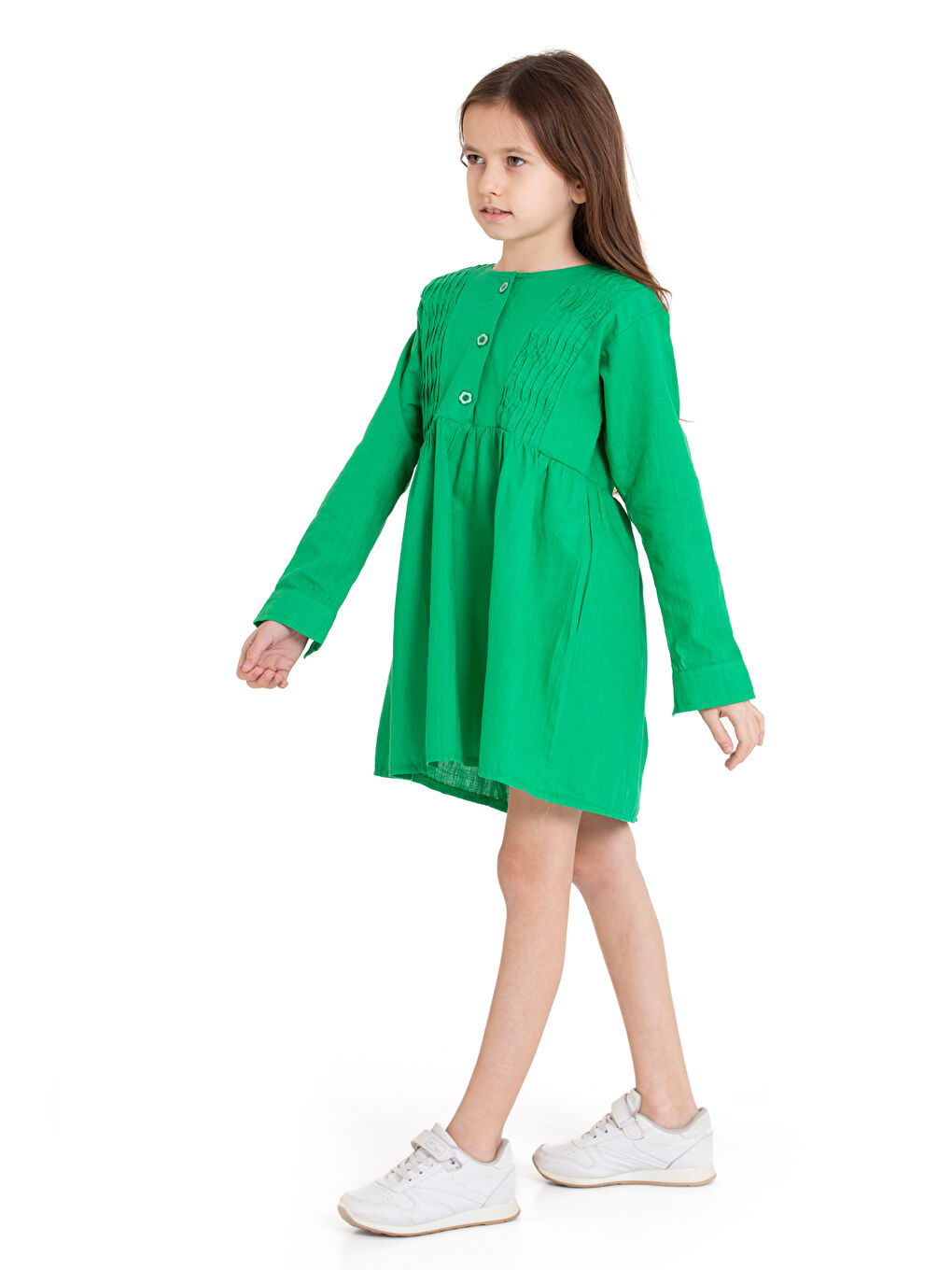 Yeşil Kız Çocuk Pile Fırfır Detaylı Elbise P1017-3