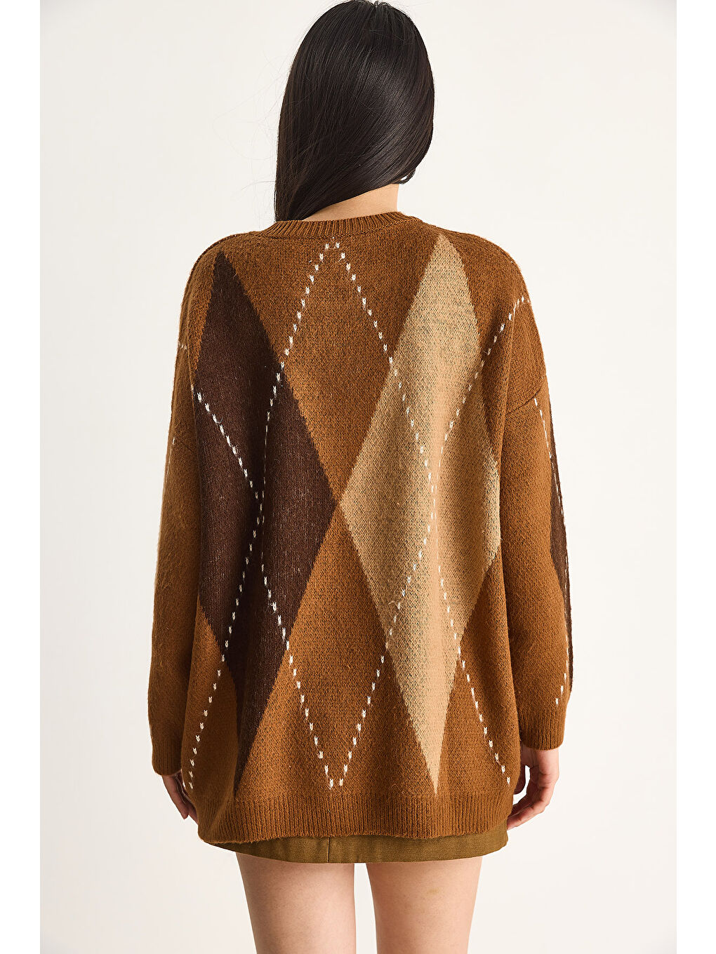 Kahverengi Kadın Baklava Desenli Oversize Triko Kazak-6