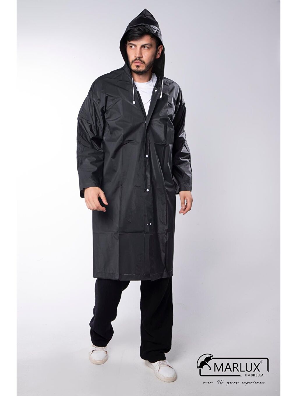 Kadın Erkek Yağmurluk Kapüşonlu Çıtçıtlı Eva Siyah Yağmurluk M21MRC881R03-5