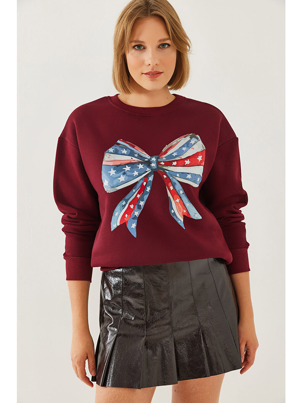 Bordo Kadın Renkli Kelebek Baskılı Sweatshirt MBHS-2
