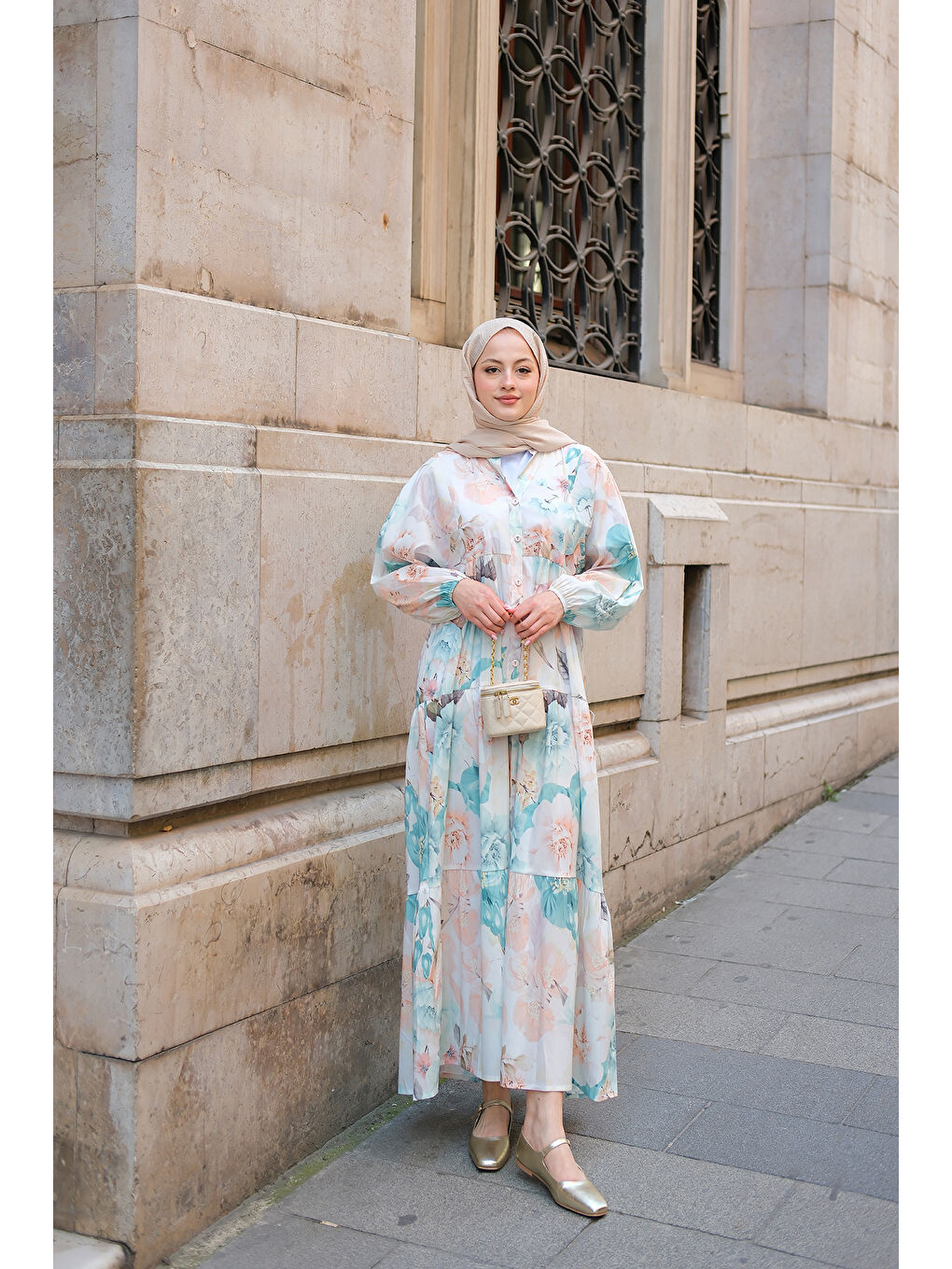 Kadın Pastel Gül Desenli Elbise Mavi-1