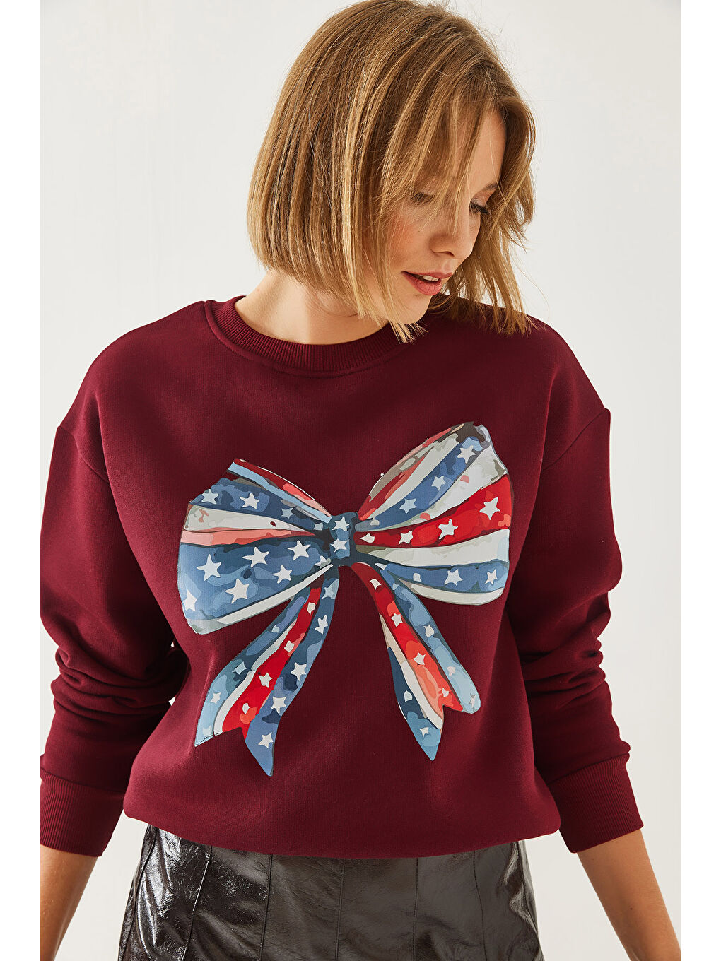 Bordo Kadın Renkli Kelebek Baskılı Sweatshirt MBHS-4