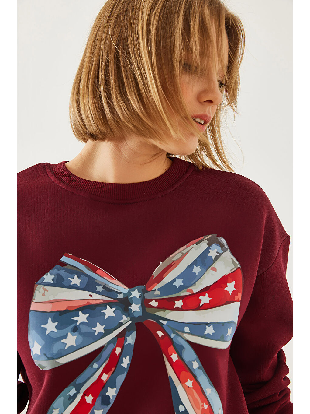 Bordo Kadın Renkli Kelebek Baskılı Sweatshirt MBHS-5