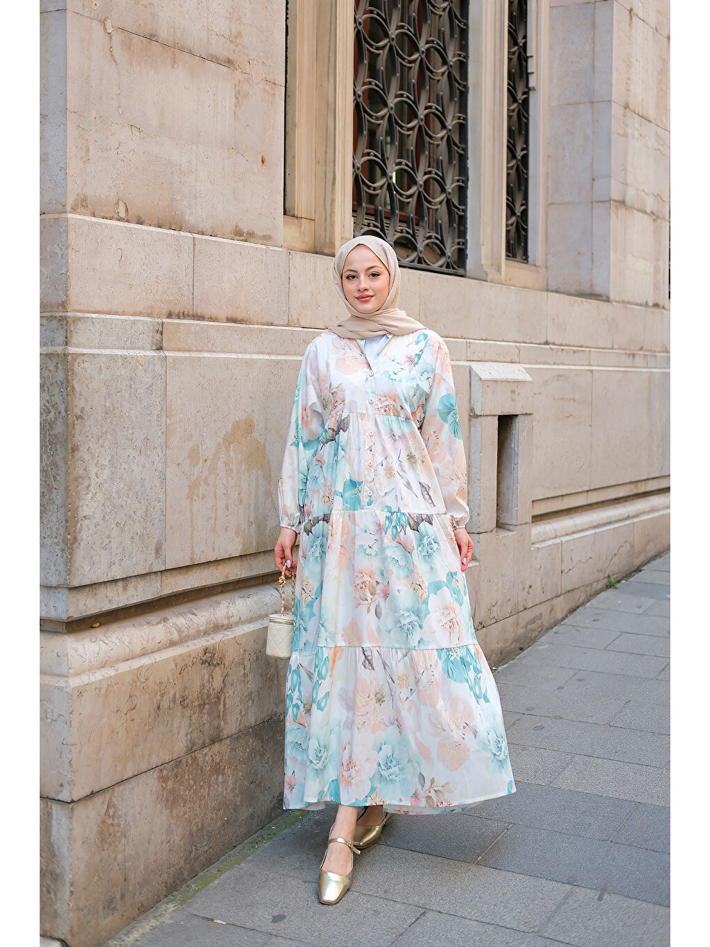 Kadın Pastel Gül Desenli Elbise Mavi-2