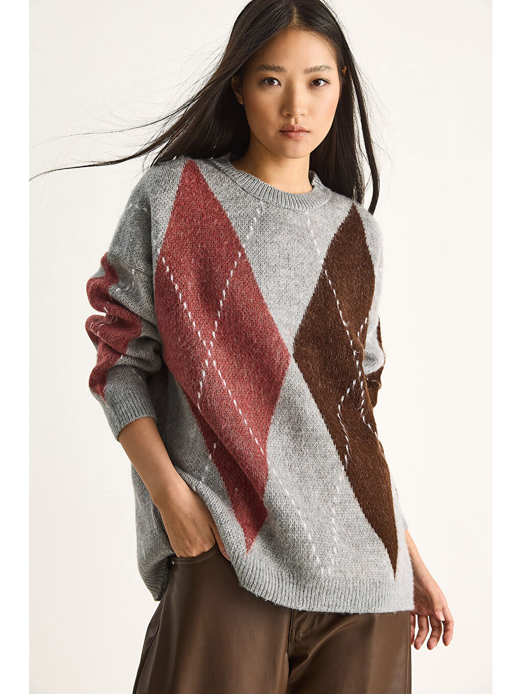 Gri Kadın Baklava Desenli Oversize Triko Kazak