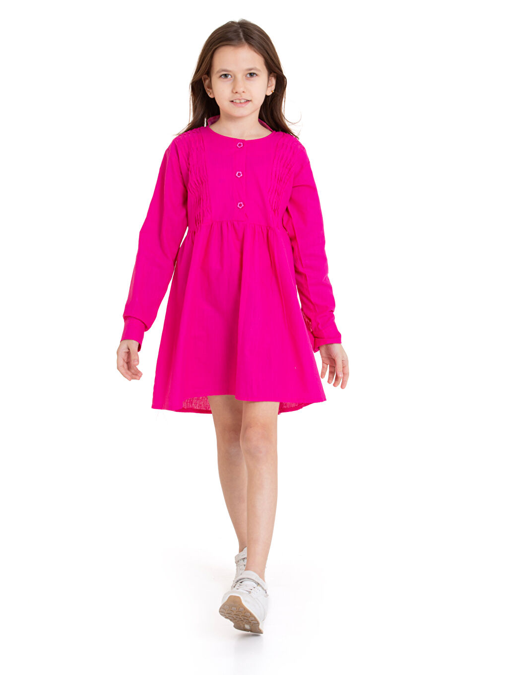 Fuşya Kız Çocuk Pile Fırfır Detaylı Elbise P1017